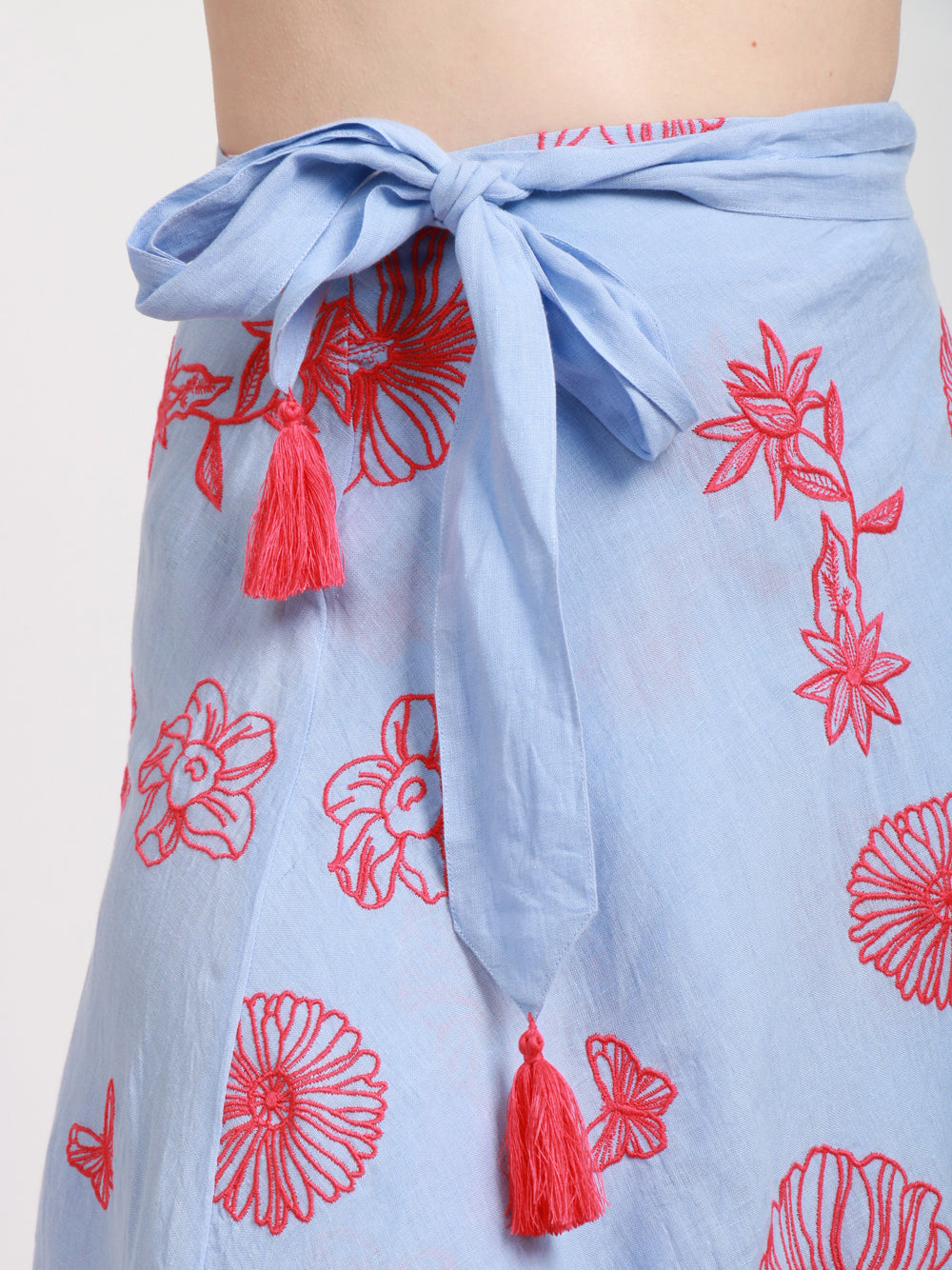 Nimo With Love Gonna Midi in Lino Celeste con Ricami Rossi Celeste+rosso