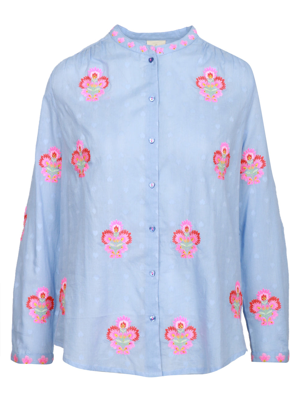 Nimo With Love Camicia Columbia in Cotone Azzurra con ricamo Fiori Rosa Celeste+rosa
