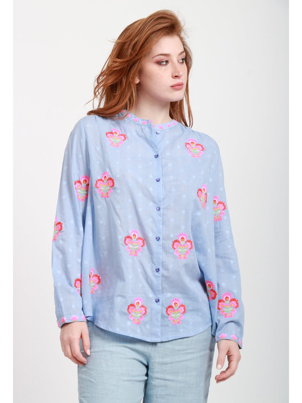Nimo With Love Camicia Columbia in Cotone Azzurra con ricamo Fiori Rosa Celeste+rosa