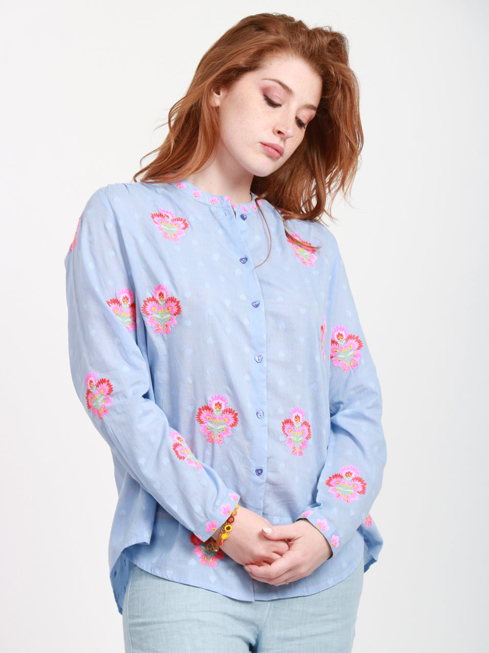 Nimo With Love Camicia Columbia in Cotone Azzurra con ricamo Fiori Rosa Celeste+rosa
