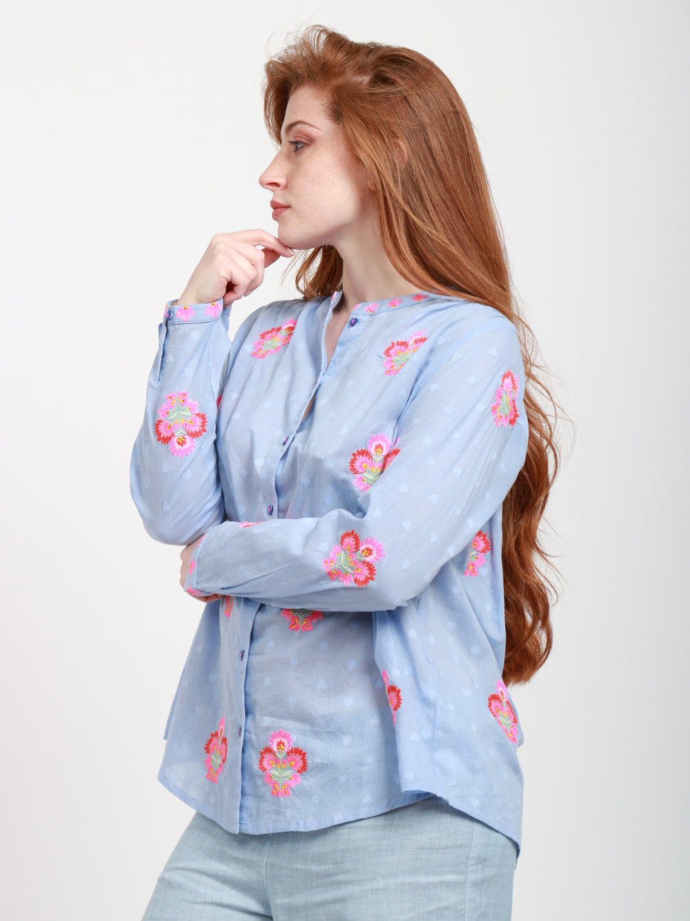Nimo With Love Camicia Columbia in Cotone Azzurra con ricamo Fiori Rosa Celeste+rosa