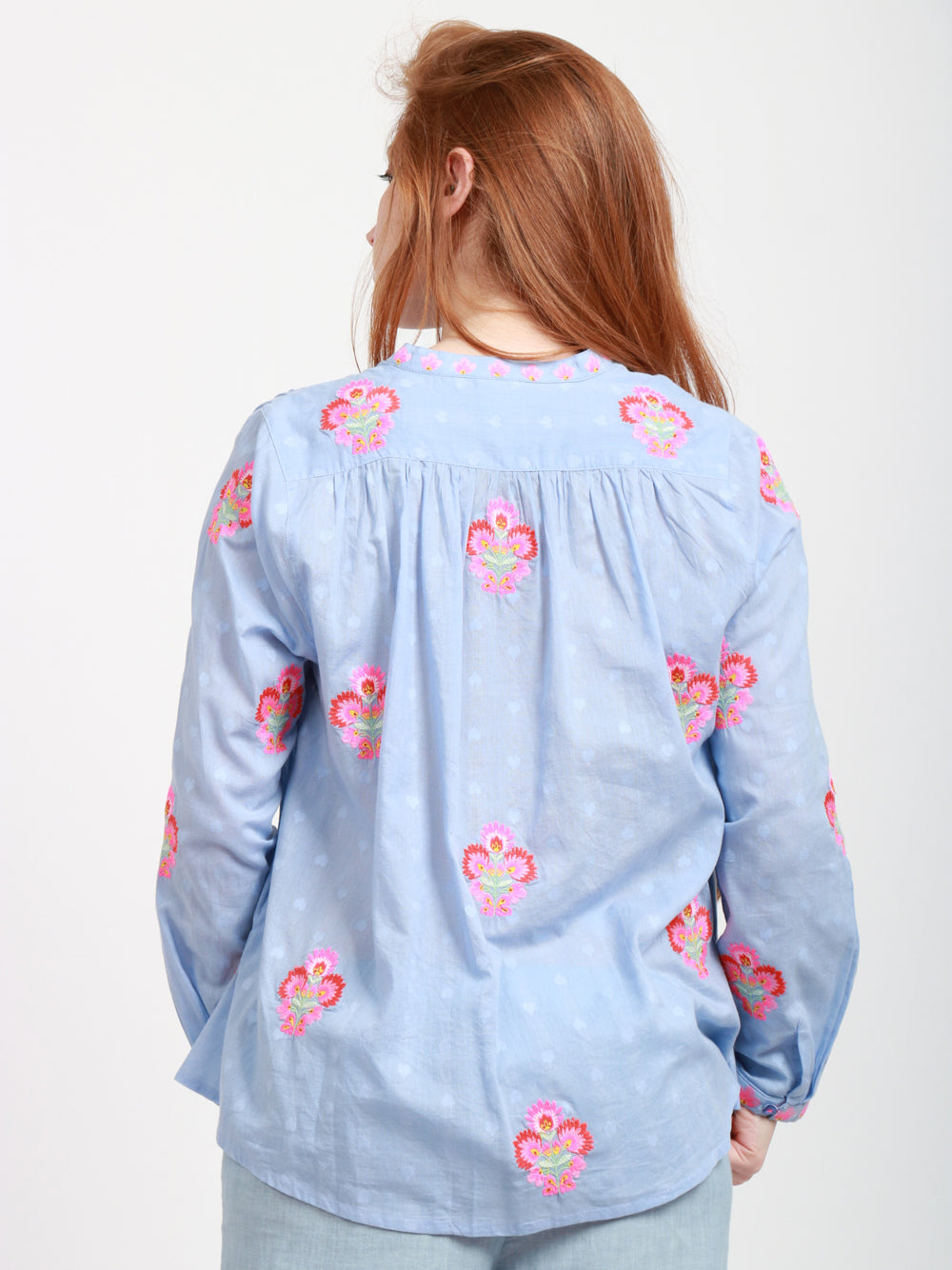 Nimo With Love Camicia Columbia in Cotone Azzurra con ricamo Fiori Rosa Celeste+rosa