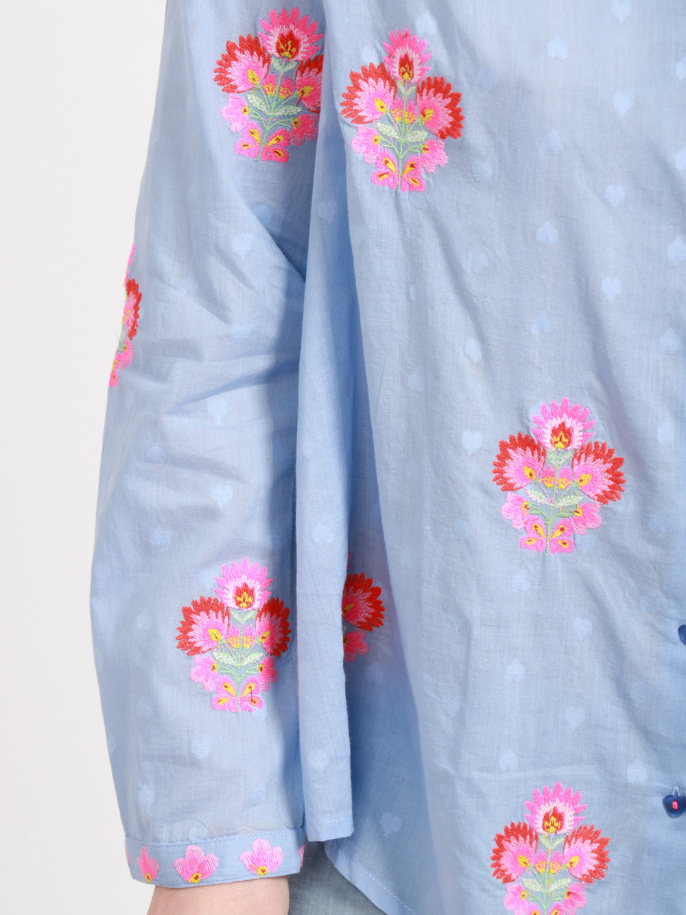 Nimo With Love Camicia Columbia in Cotone Azzurra con ricamo Fiori Rosa Celeste+rosa