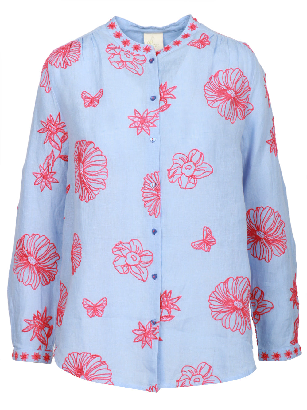 Nimo With Love Camicia in Lino Celeste con Ricami Rossi Celeste+rosso