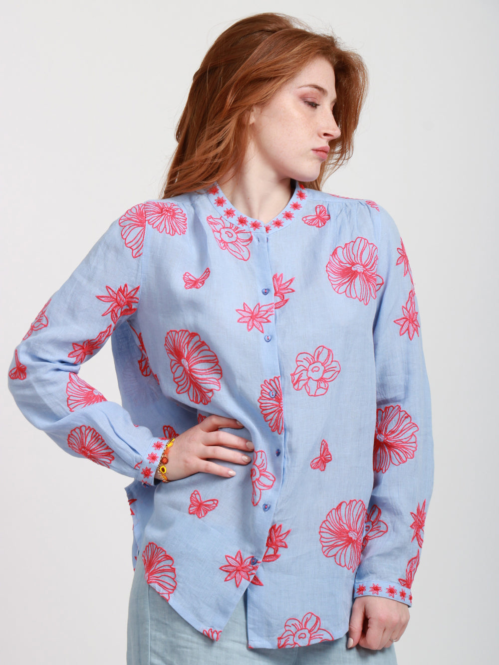 Nimo With Love Camicia in Lino Celeste con Ricami Rossi Celeste+rosso