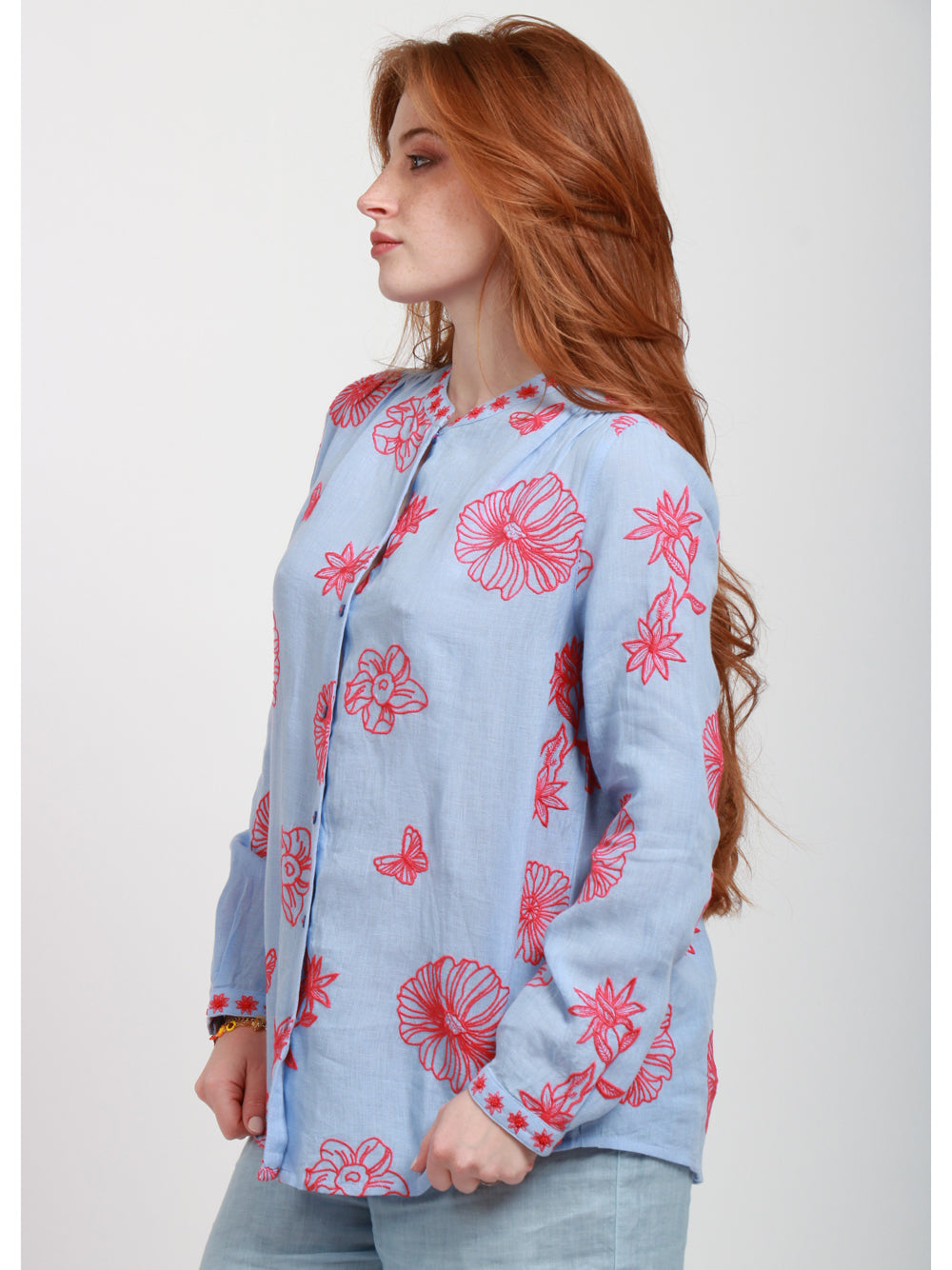 Nimo With Love Camicia in Lino Celeste con Ricami Rossi Celeste+rosso