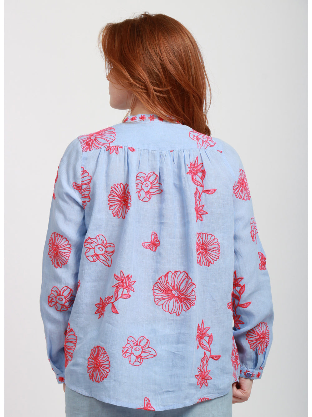 Nimo With Love Camicia in Lino Celeste con Ricami Rossi Celeste+rosso