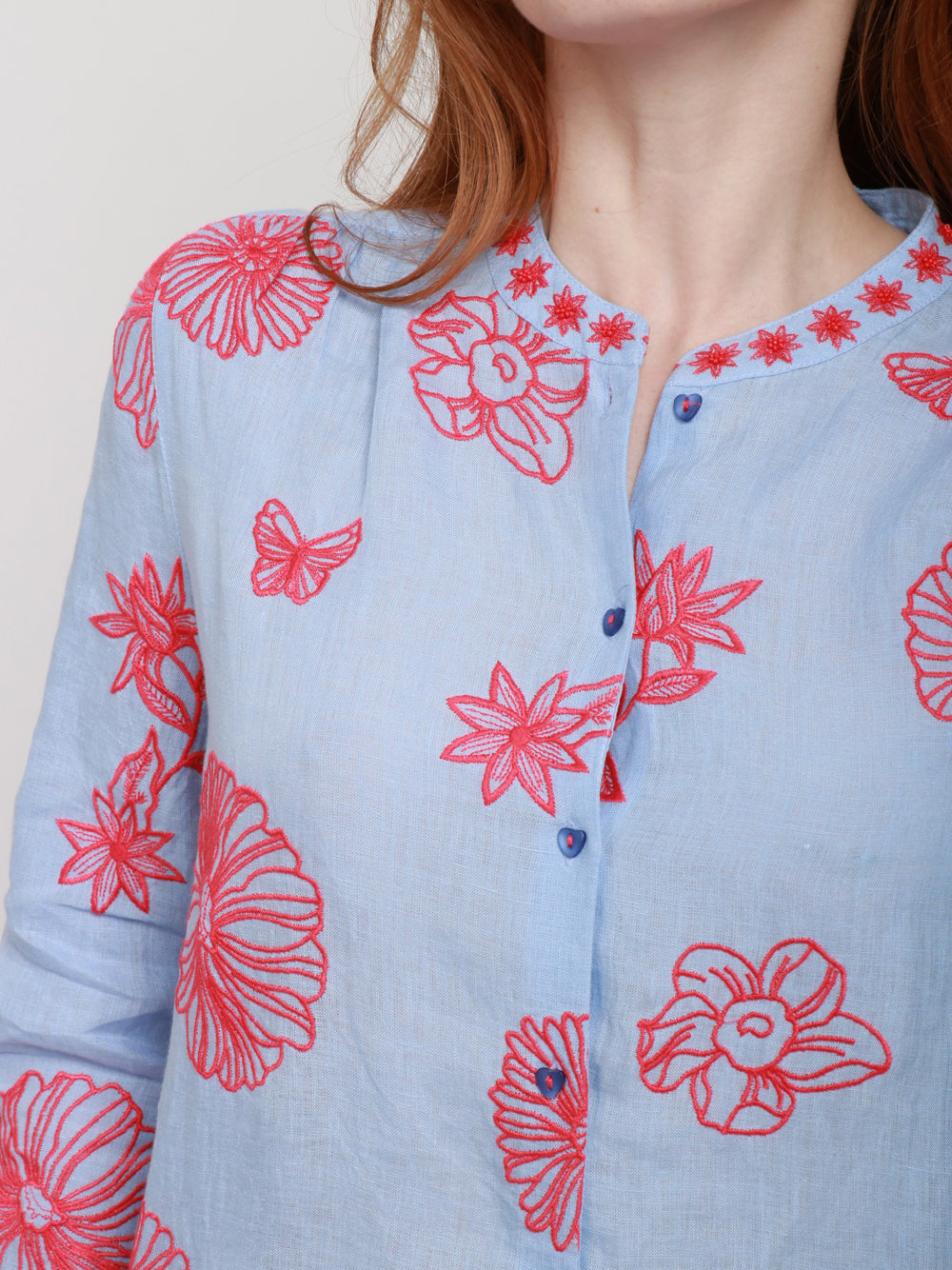 Nimo With Love Camicia in Lino Celeste con Ricami Rossi Celeste+rosso