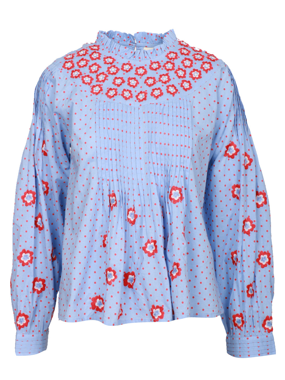Nimo With Love Blusa in Cotone Celeste con Fiori Ricamati Rossi Indaco/rosso