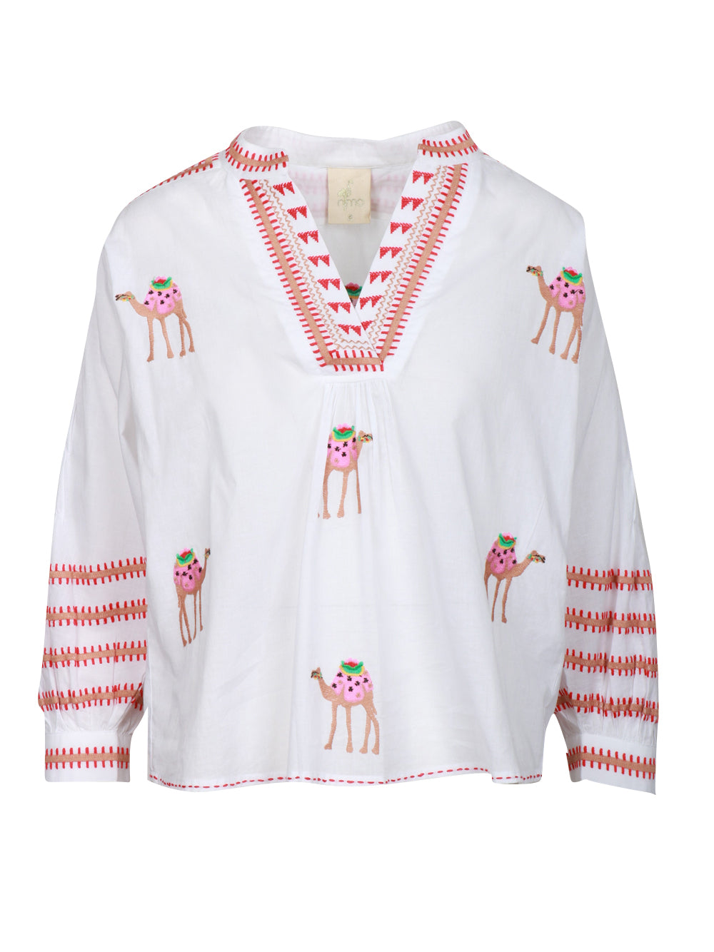 Nimo With Love Blusa in Cotone Bianca con Cammelli Ricamati Bianco/cammello