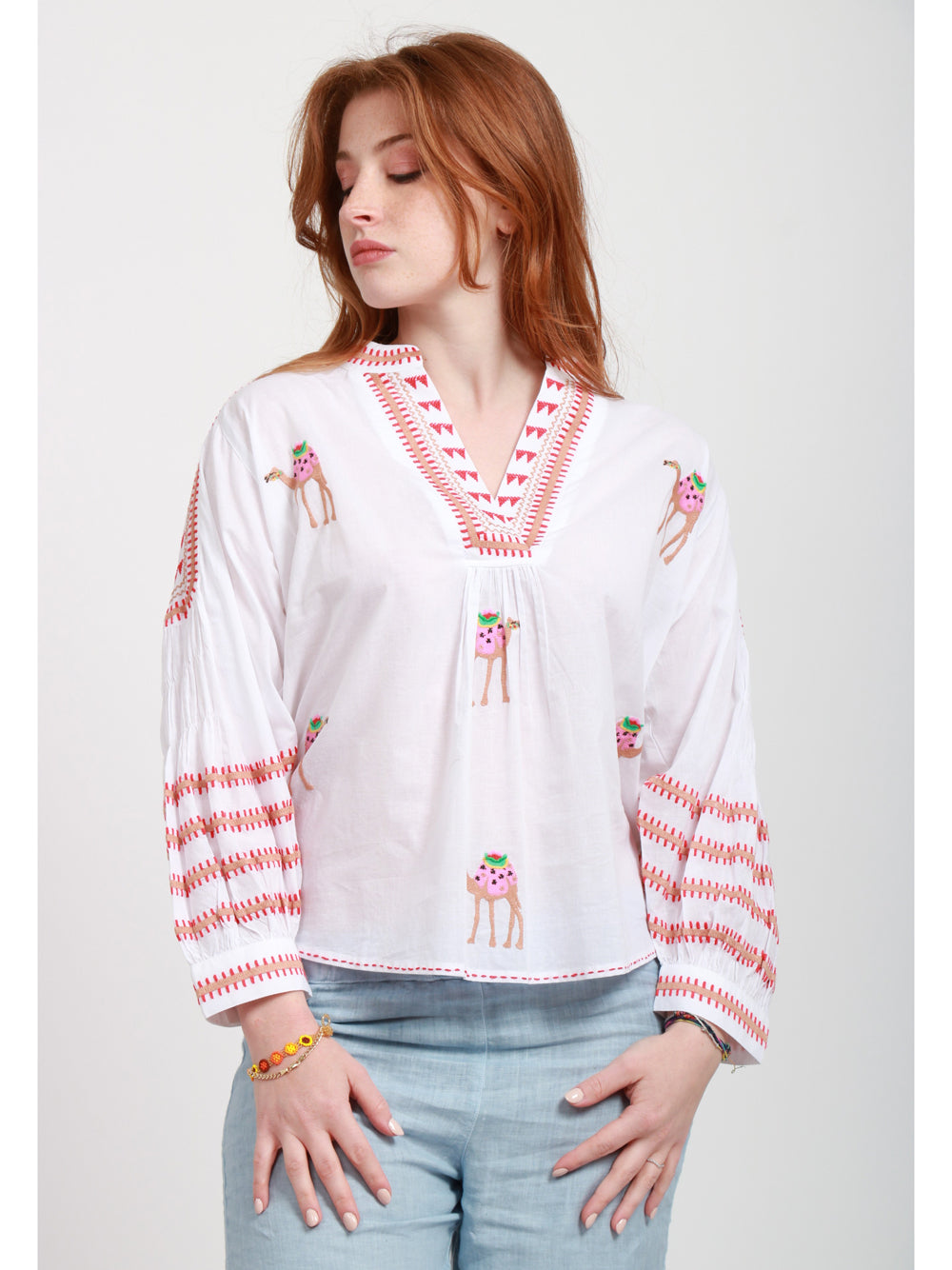 Nimo With Love Blusa in Cotone Bianca con Cammelli Ricamati Bianco/cammello