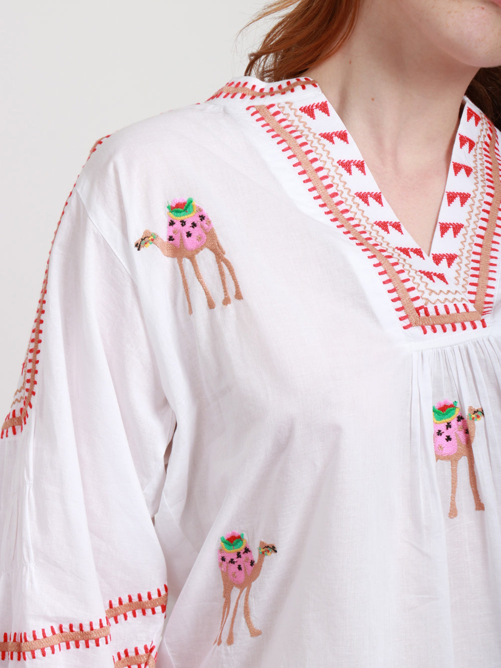 Nimo With Love Blusa in Cotone Bianca con Cammelli Ricamati Bianco/cammello