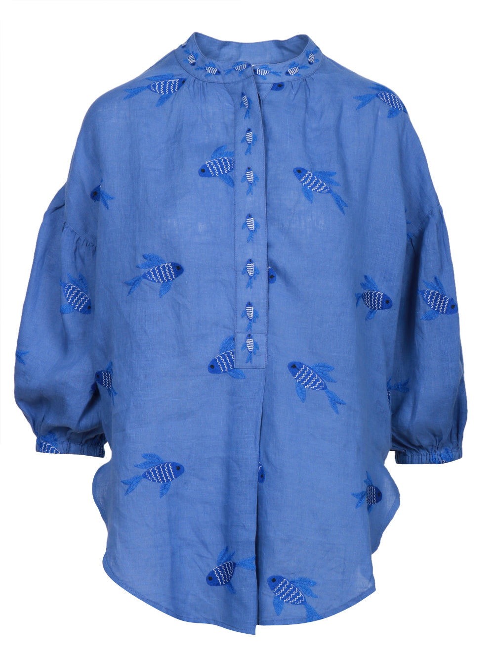 Nimo With Love Blusa in Lino Blu con Pesci Ricamati Bluette