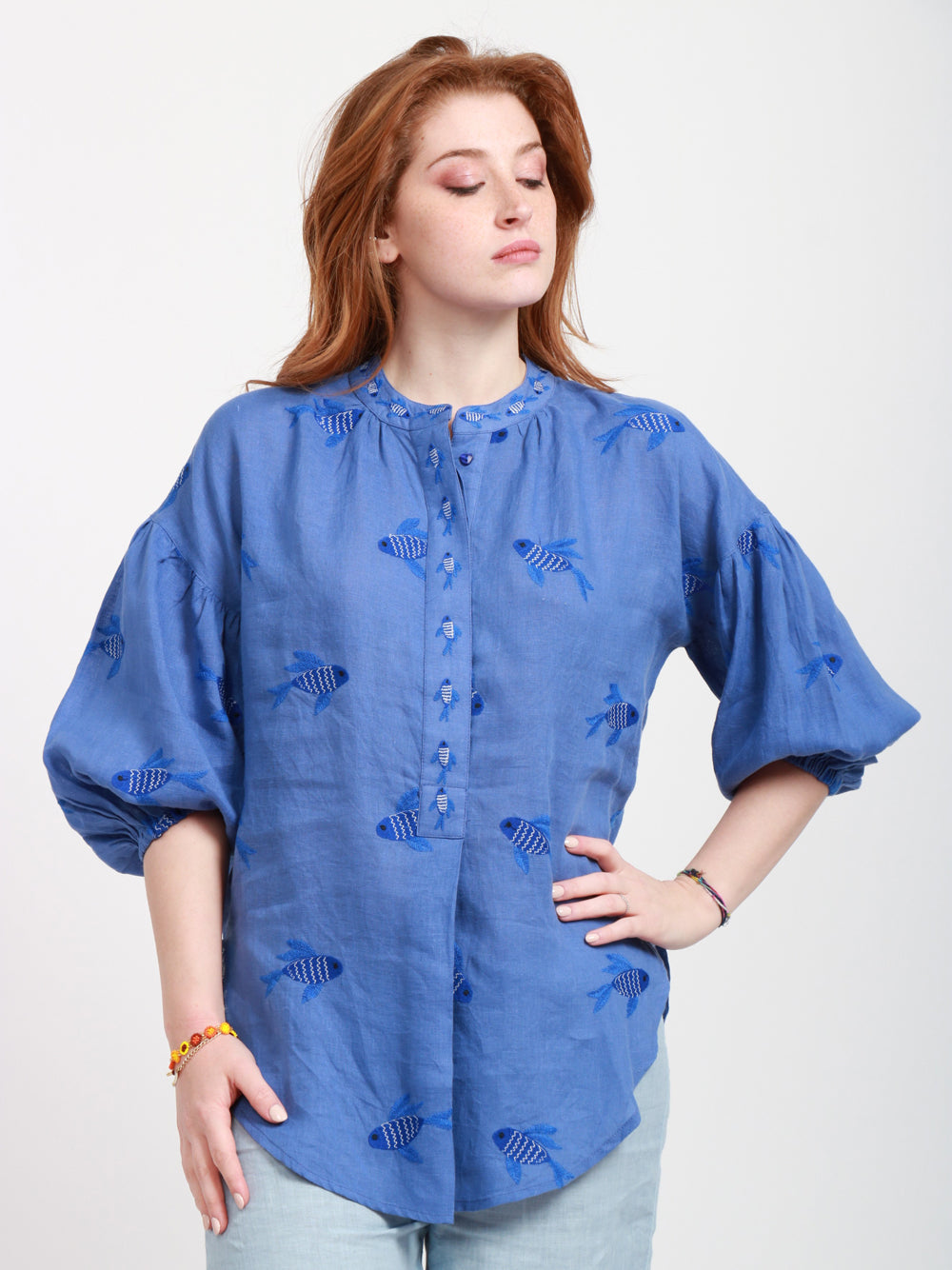 Nimo With Love Blusa in Lino Blu con Pesci Ricamati Bluette