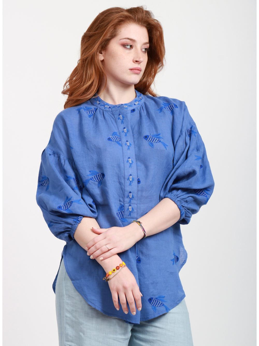 Nimo With Love Blusa in Lino Blu con Pesci Ricamati Bluette