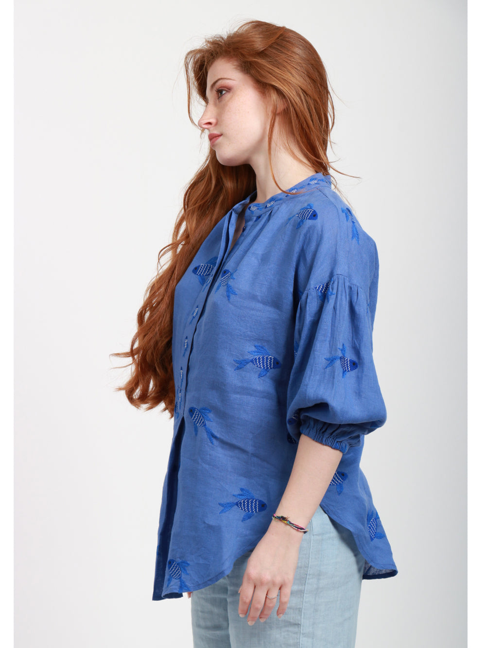 Nimo With Love Blusa in Lino Blu con Pesci Ricamati Bluette
