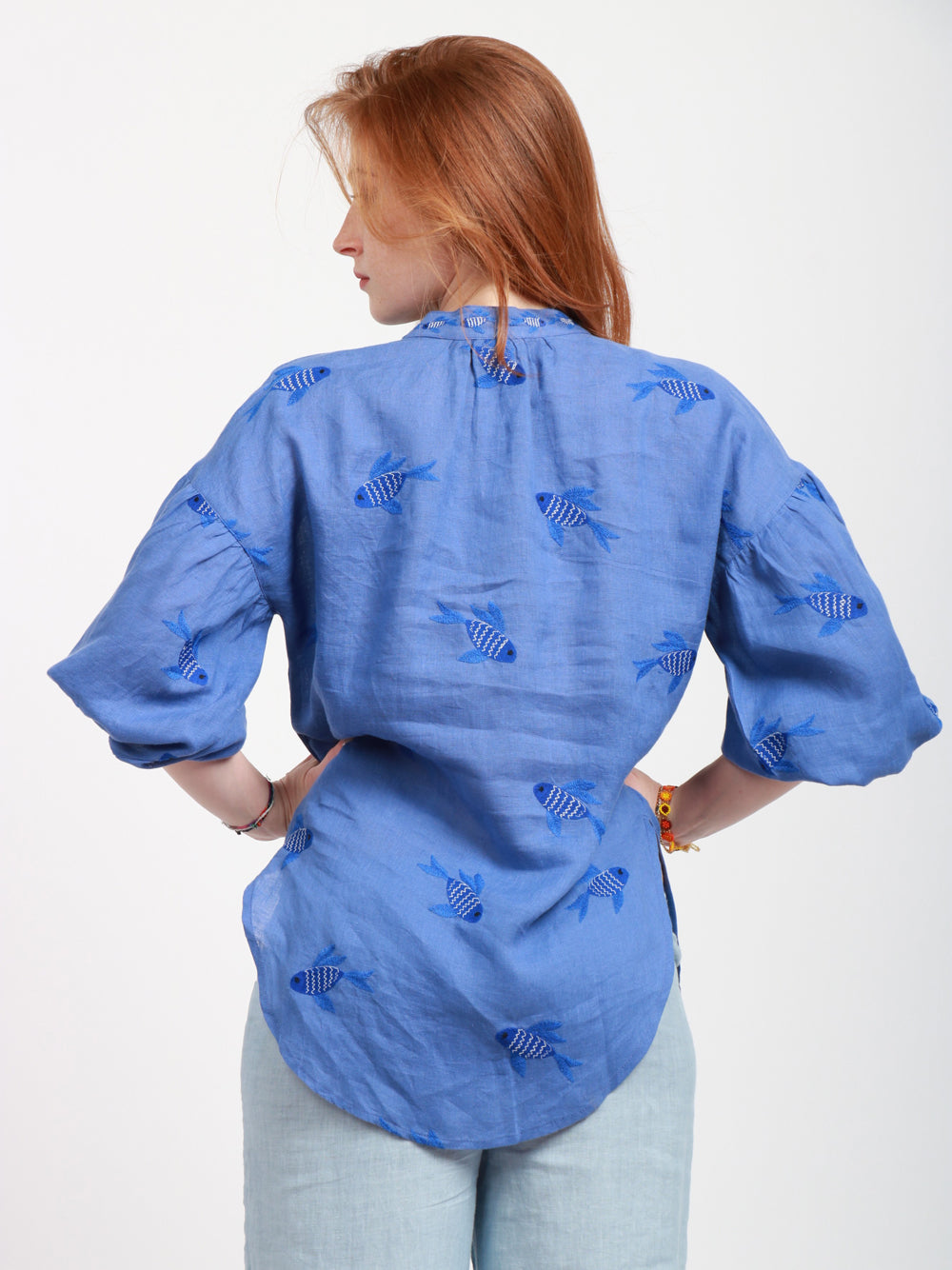 Nimo With Love Blusa in Lino Blu con Pesci Ricamati Bluette