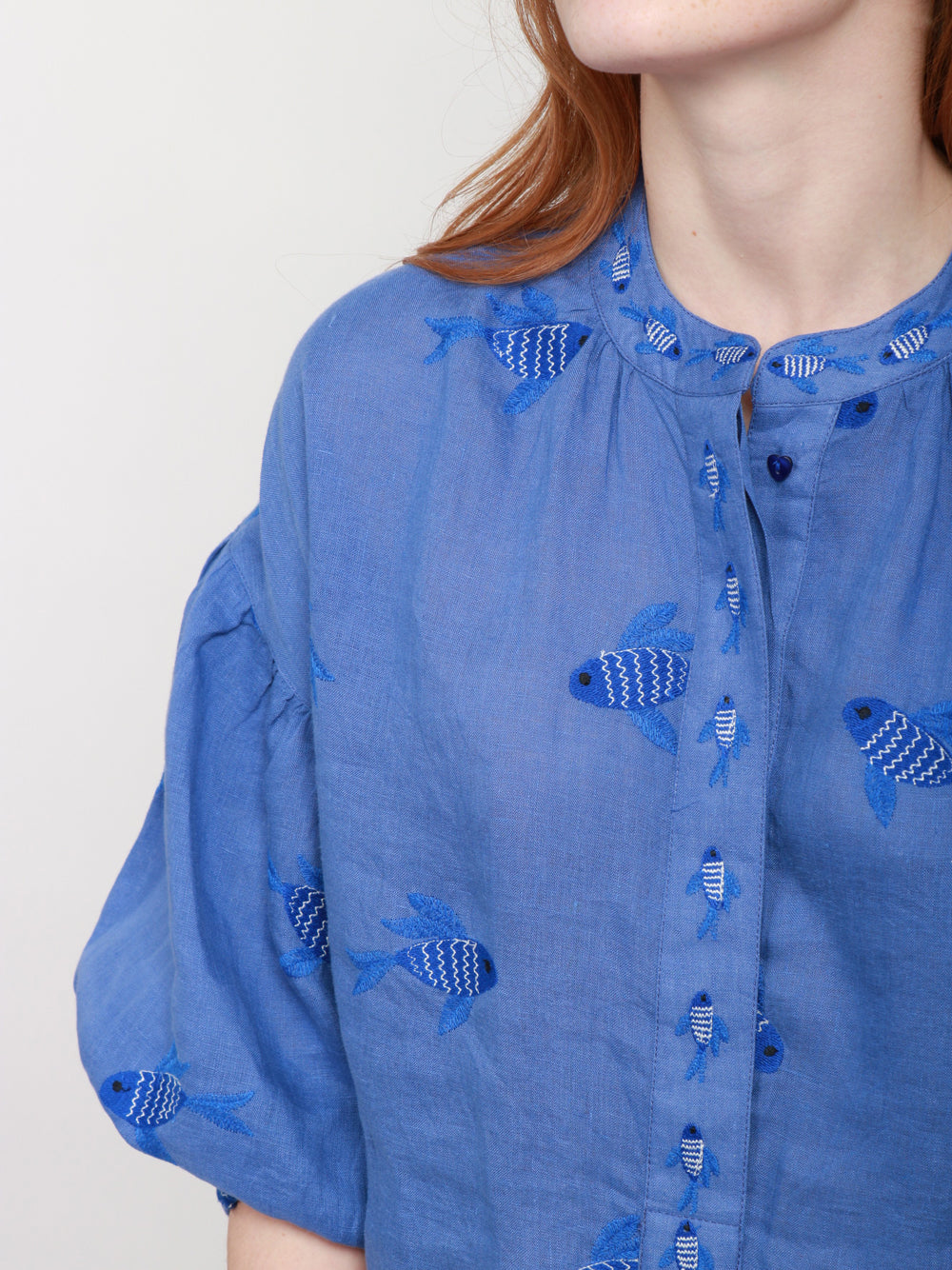 Nimo With Love Blusa in Lino Blu con Pesci Ricamati Bluette