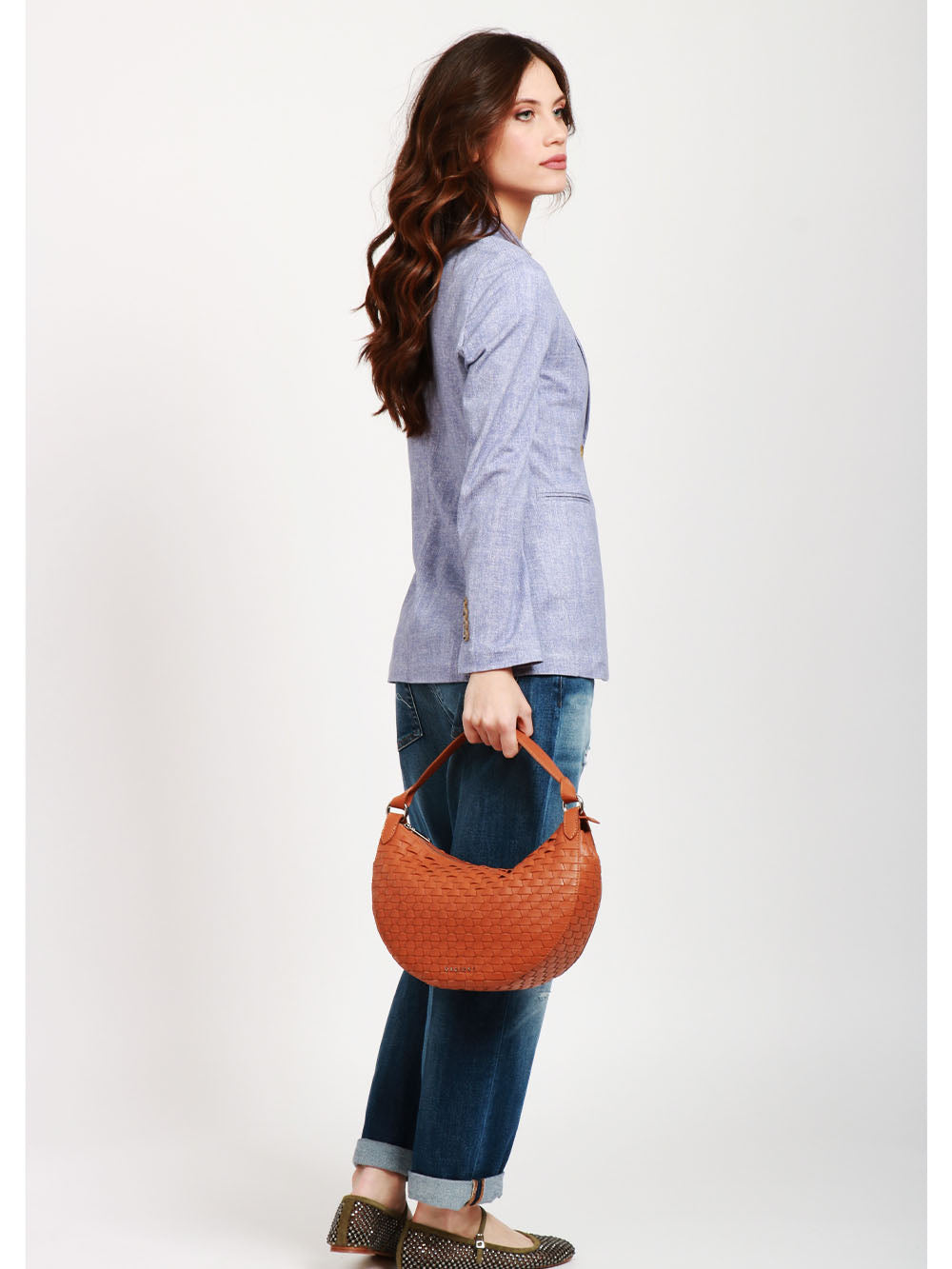 ORCIANI Borsa a Spalla Dumpling Nappa Midi in Pelle Intrecciata Cuoio Cuoio