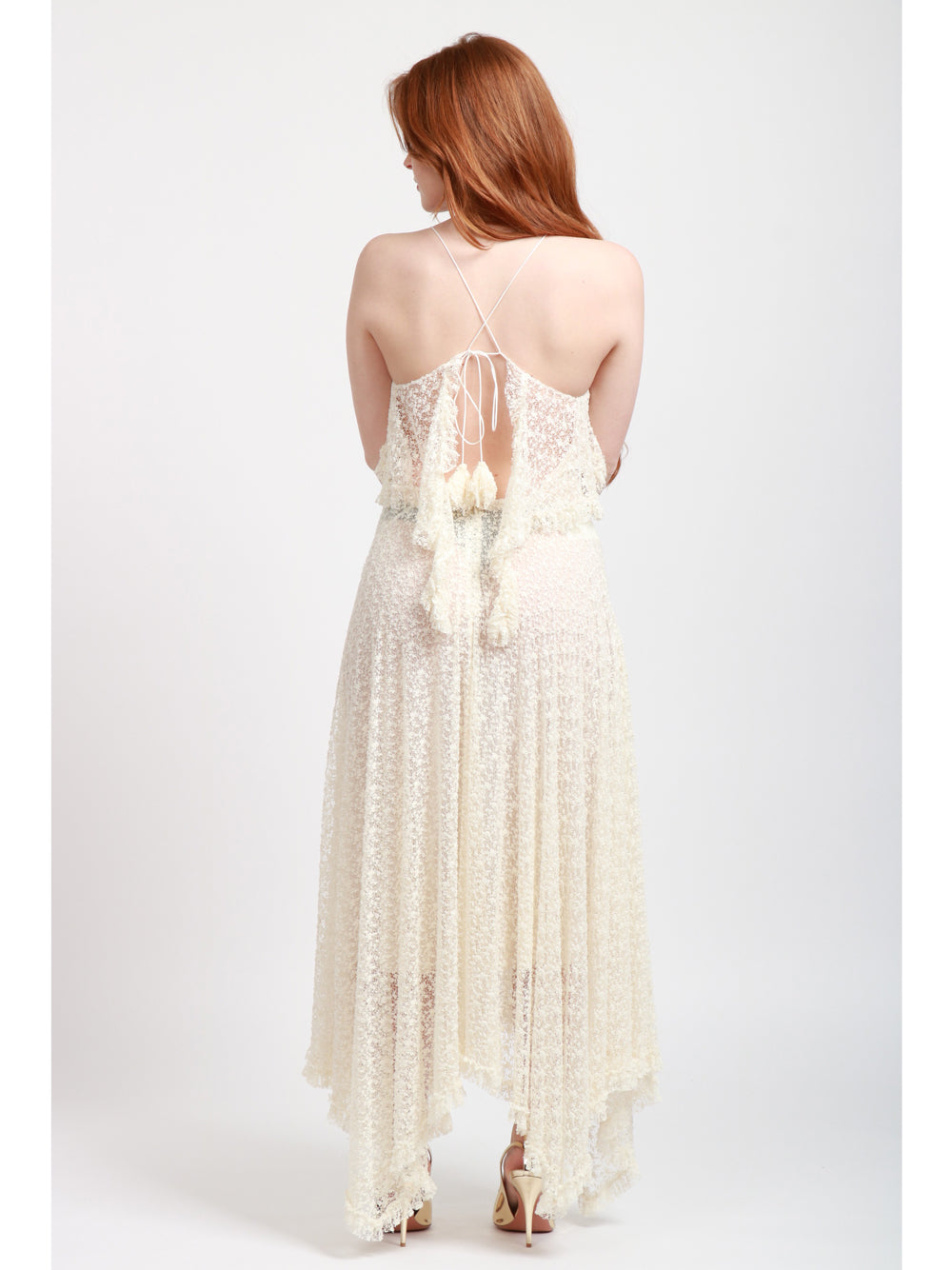 PHILOSOPHY DI LORENZO SERAFINI Vestito Midi in Pizzo Avorio con Fondo Asimmetrico Avorio
