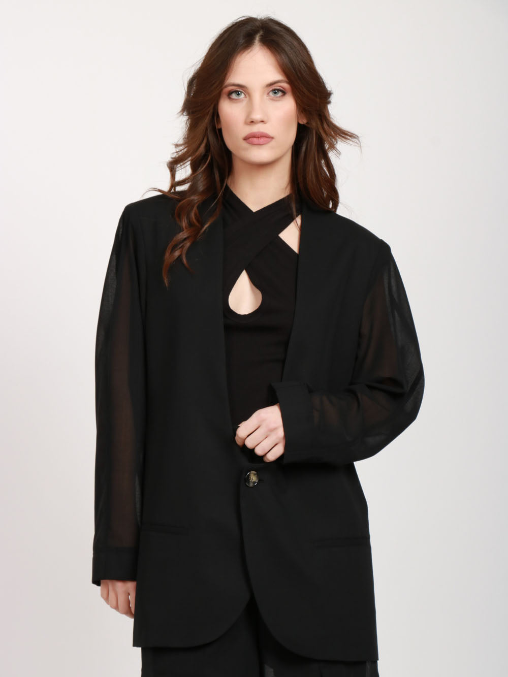 PHILOSOPHY DI LORENZO SERAFINI GIACCA IN VOILE NERA CON SCOLLO PROFONDO Nero