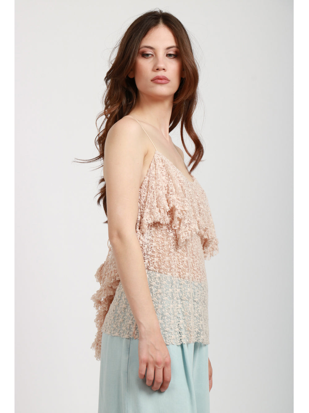 PHILOSOPHY DI LORENZO SERAFINI Top in Pizzo Cipria con Volant Cipria