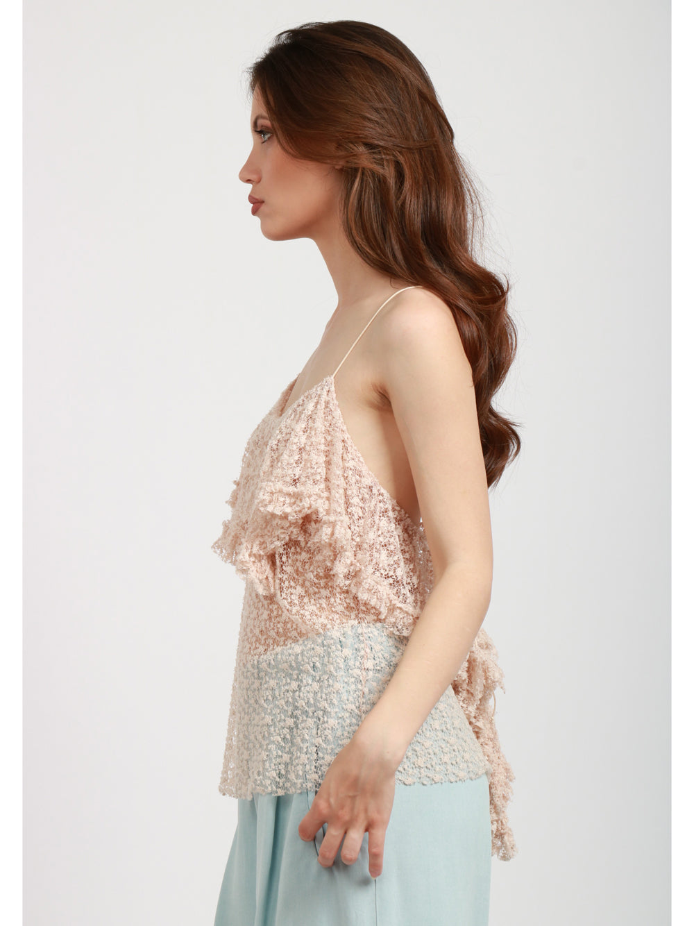 PHILOSOPHY DI LORENZO SERAFINI Top in Pizzo Cipria con Volant Cipria