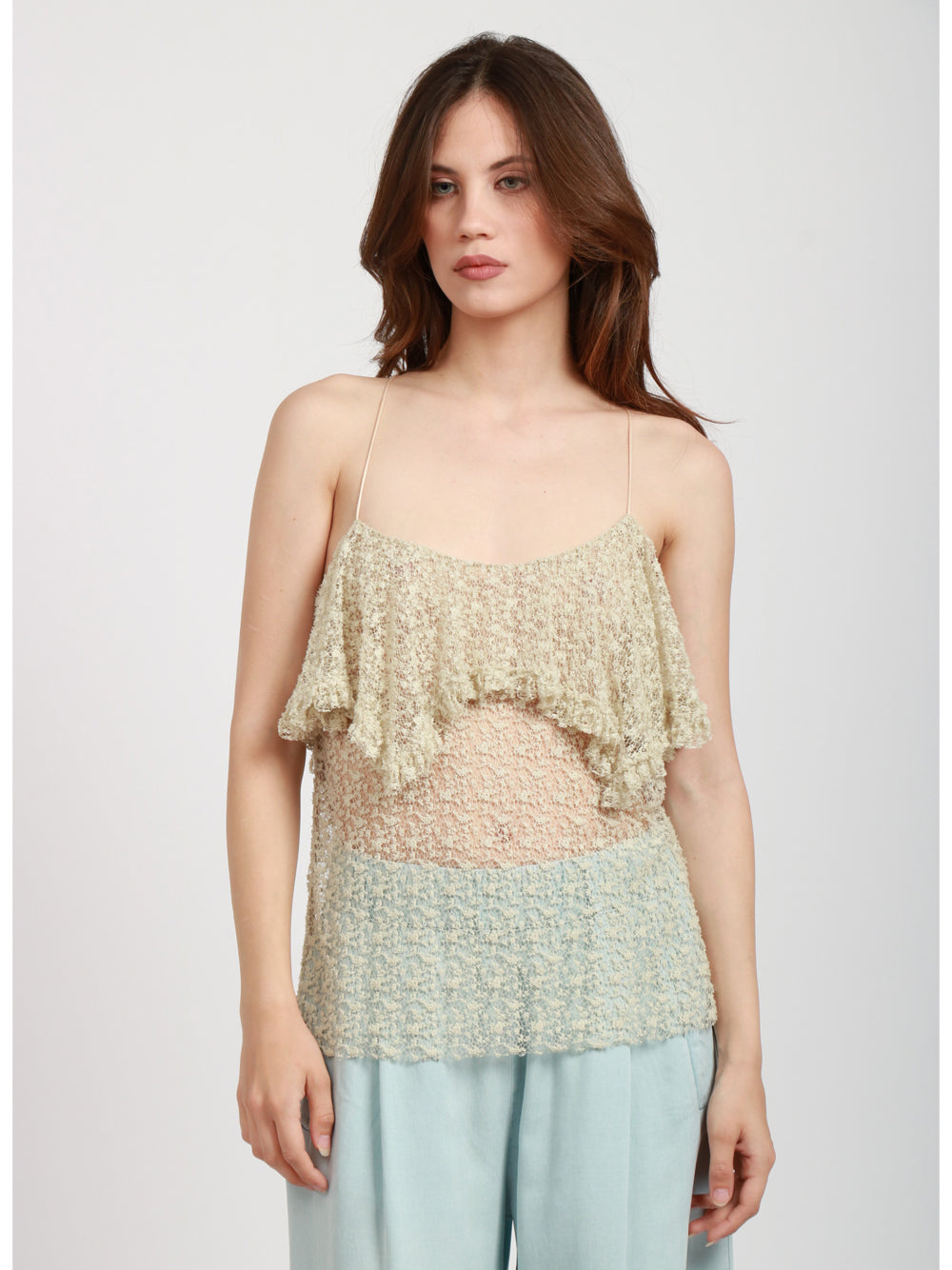 PHILOSOPHY DI LORENZO SERAFINI Top in Pizzo Verde con Volant Verde chiaro