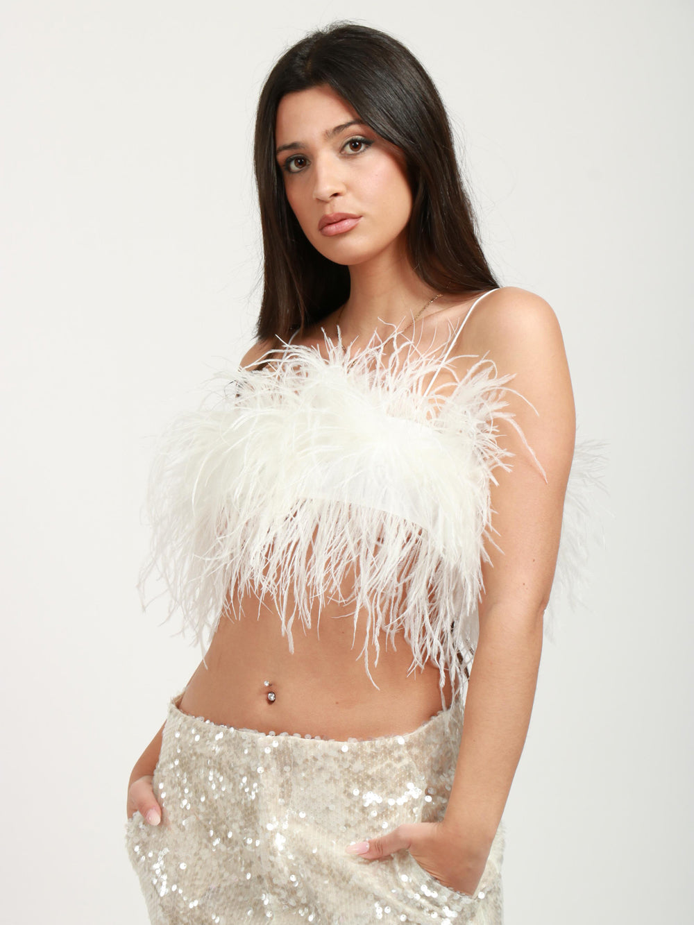 PHILOSOPHY DI LORENZO SERAFINI Top Mini Bianco con Piume Bianco