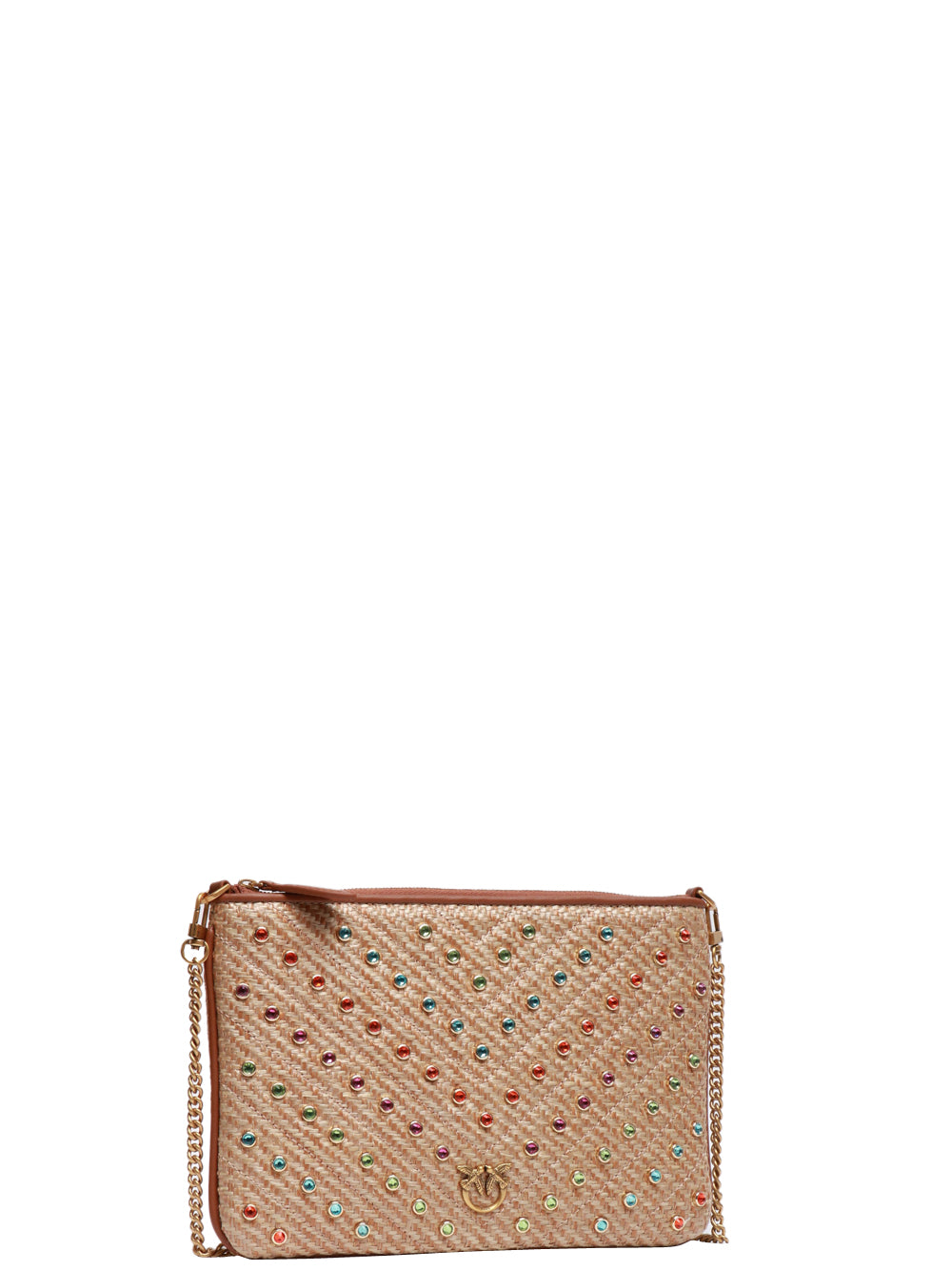 PINKO Borsa Tracolla Flat Classic in Rafia con Borchie Multicolor Beige