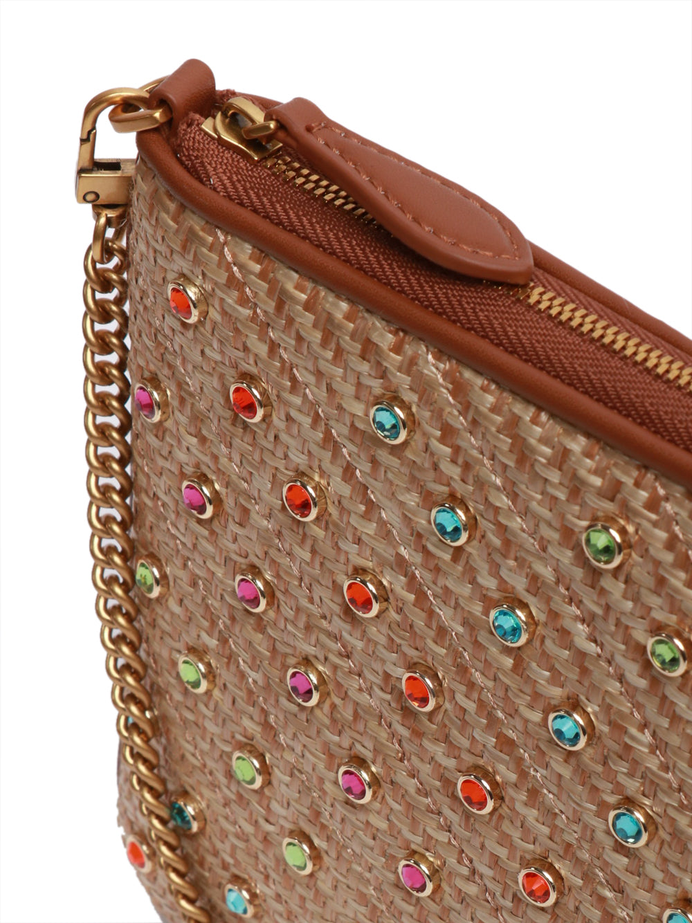 PINKO Borsa Tracolla Flat Classic in Rafia con Borchie Multicolor Beige