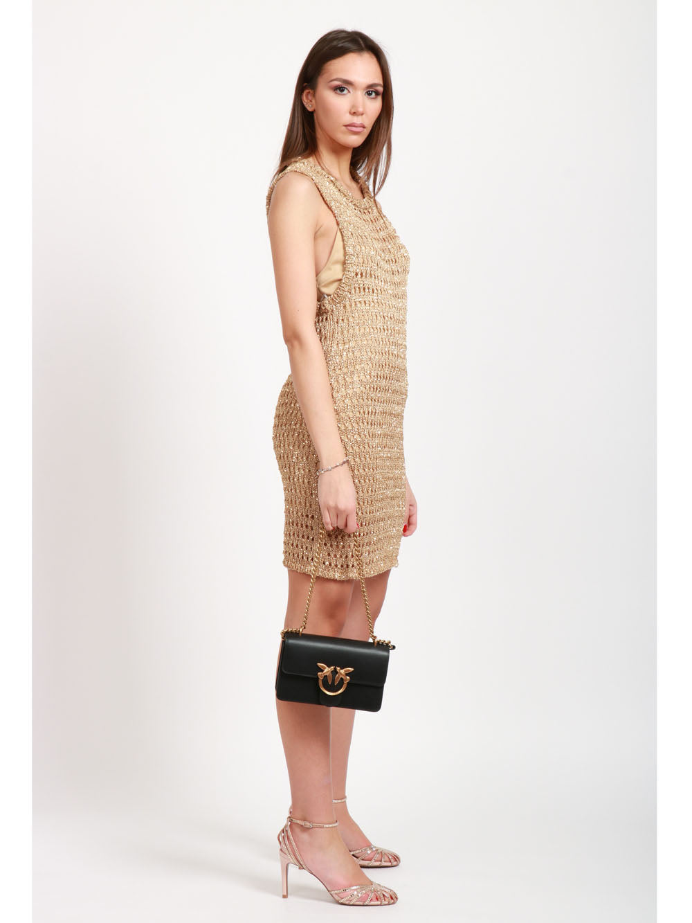 PINKO Borsa Tracolla Love One Mini in Pelle Liscia Nera Nero/oro