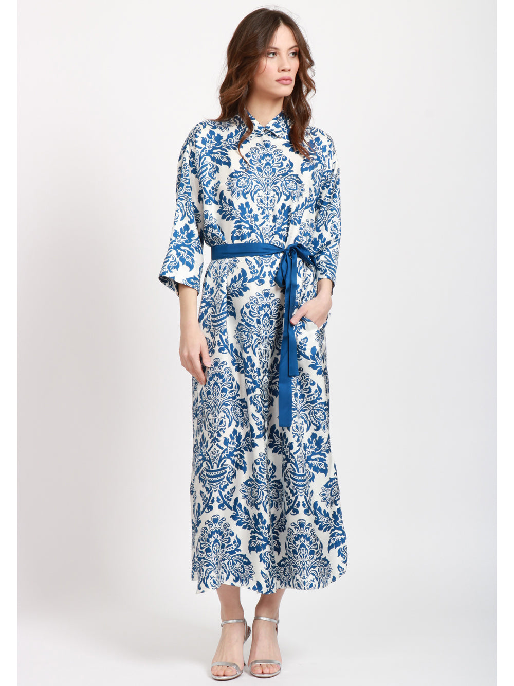 S MAXMARA Camelia Silk Chemisier Dress with White and Blue