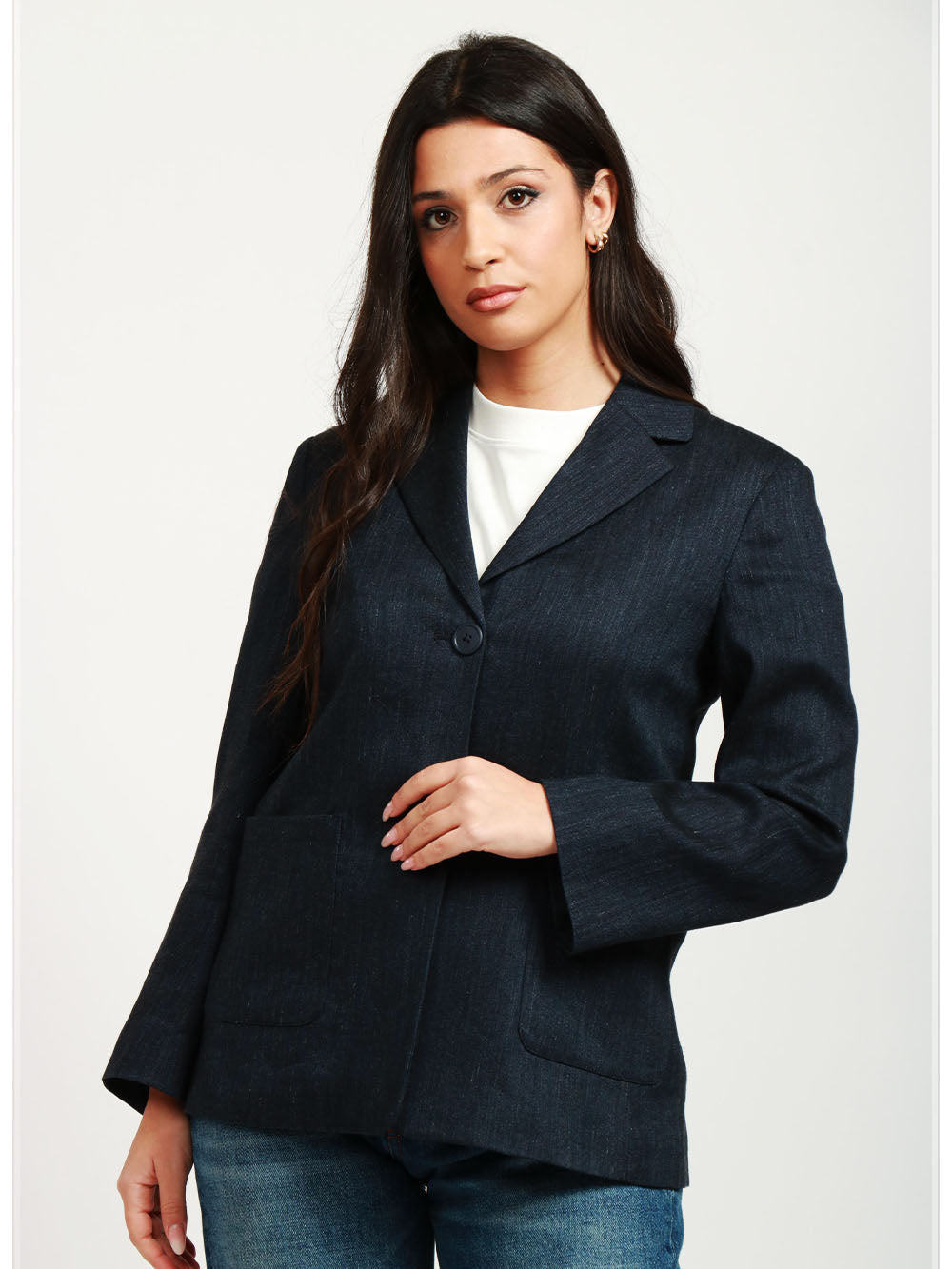 S MAXMARA Giacca Derna Doppiopetto in Misto Lino Effetto Denim Blu Denim scuro