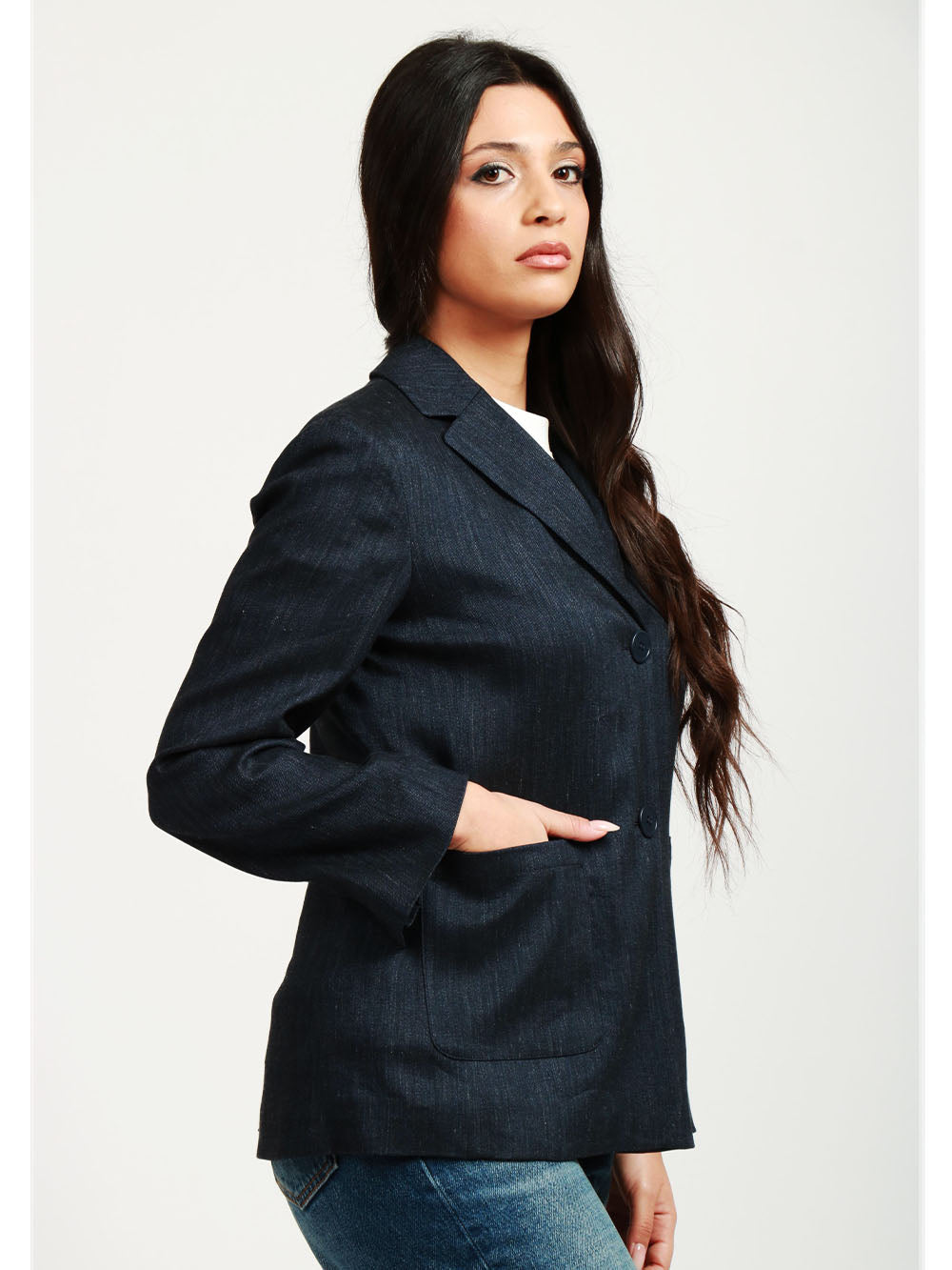 S MAXMARA Giacca Derna Doppiopetto in Misto Lino Effetto Denim Blu Denim scuro