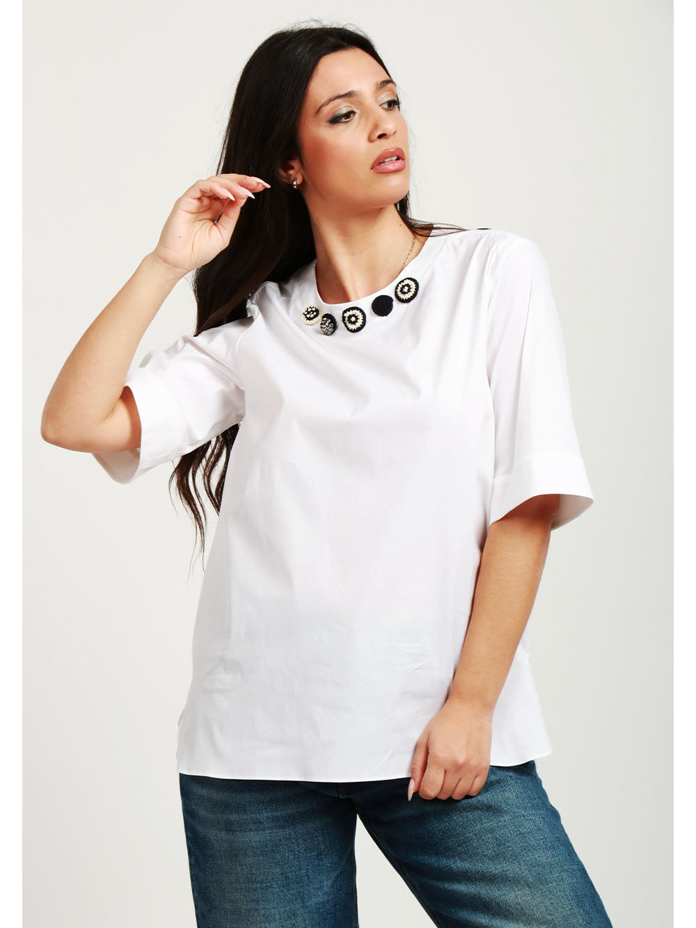S MAXMARA Blusa Dora in Misto Cotone Bianca con Applicazioni Bianco/nero