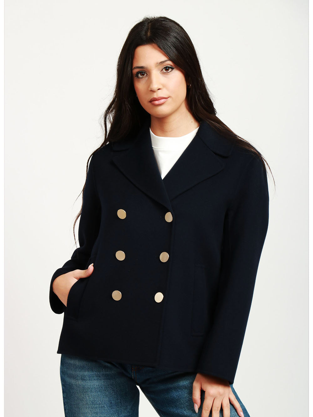 S MAXMARA Caban Margot Doppiopetto in Lana Vergine Blu Notte Blu