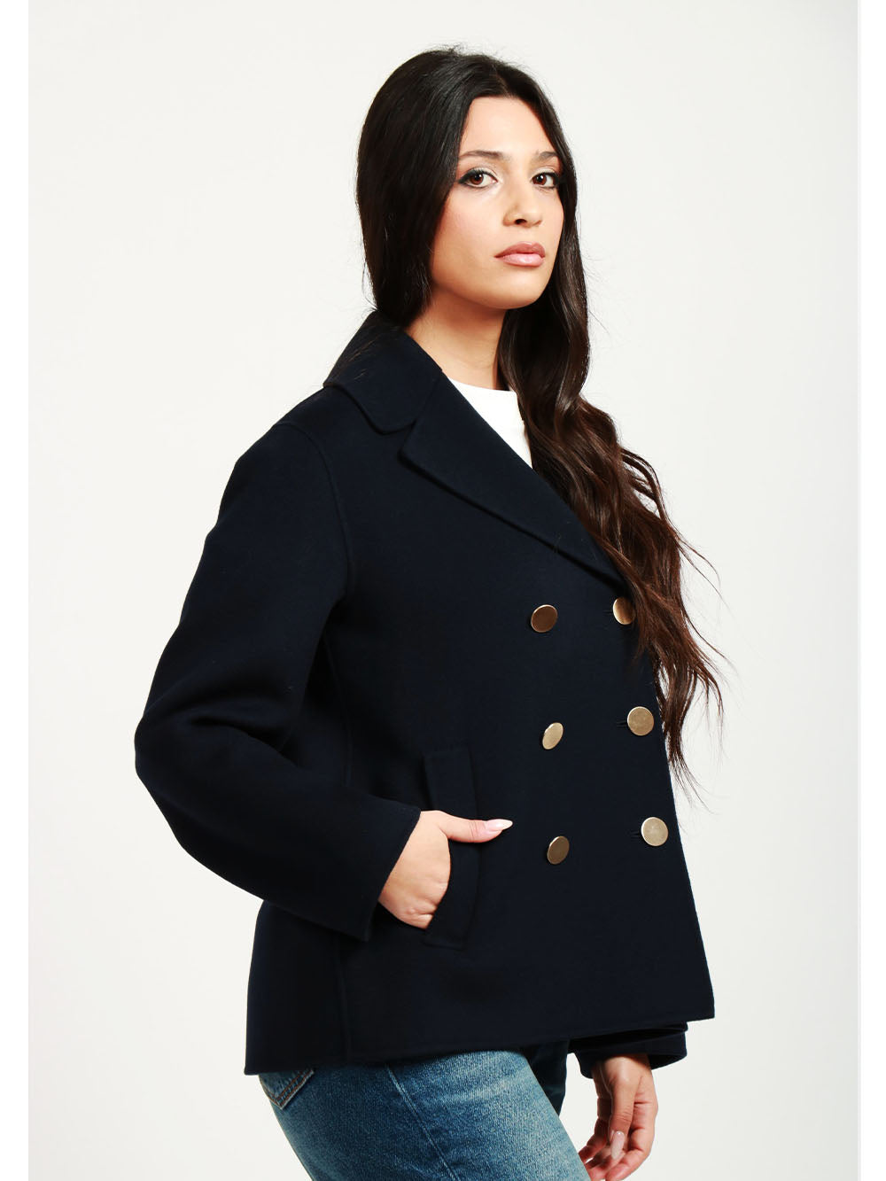 S MAXMARA Caban Margot Doppiopetto in Lana Vergine Blu Notte Blu
