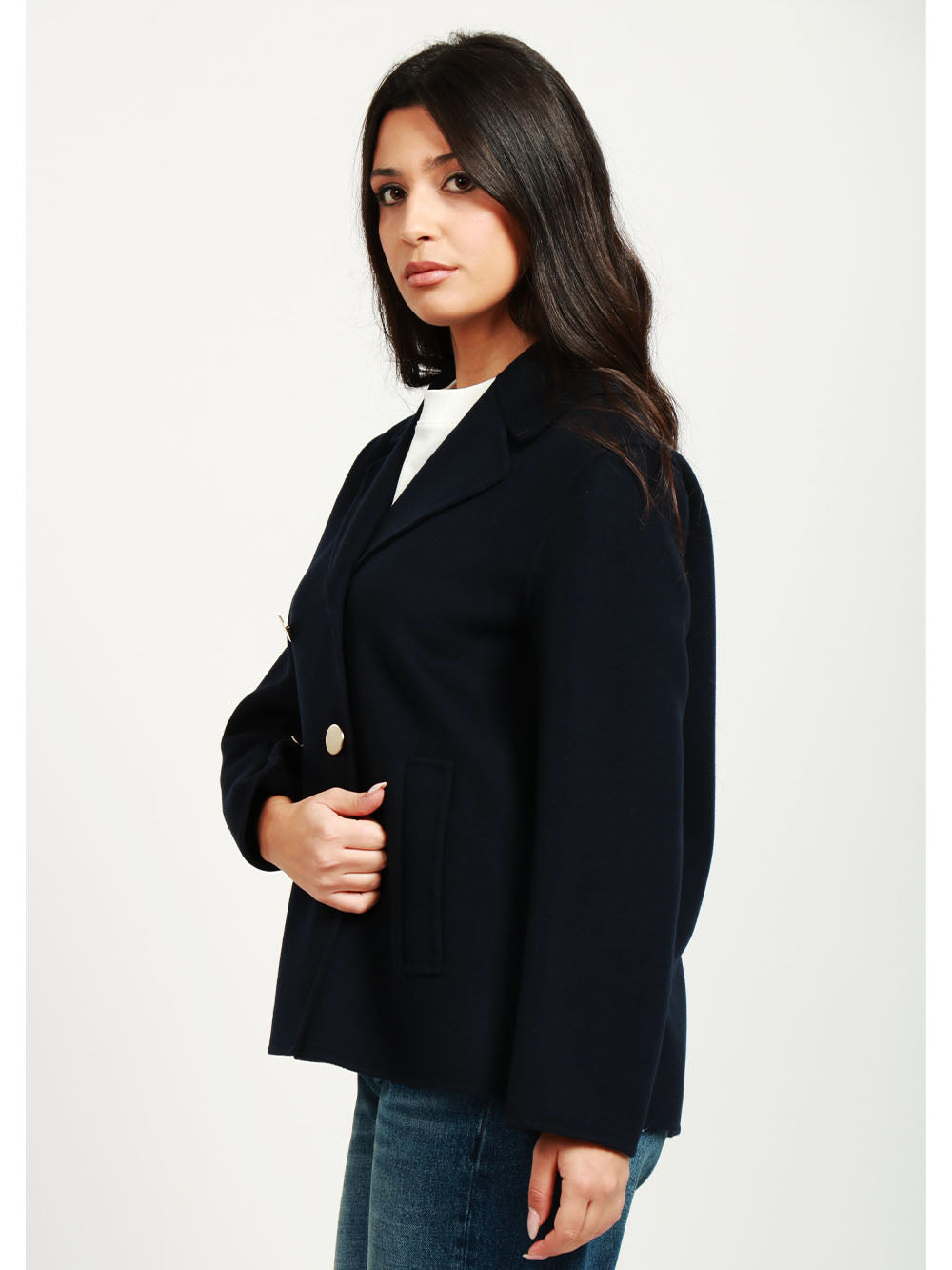 S MAXMARA Caban Margot Doppiopetto in Lana Vergine Blu Notte Blu