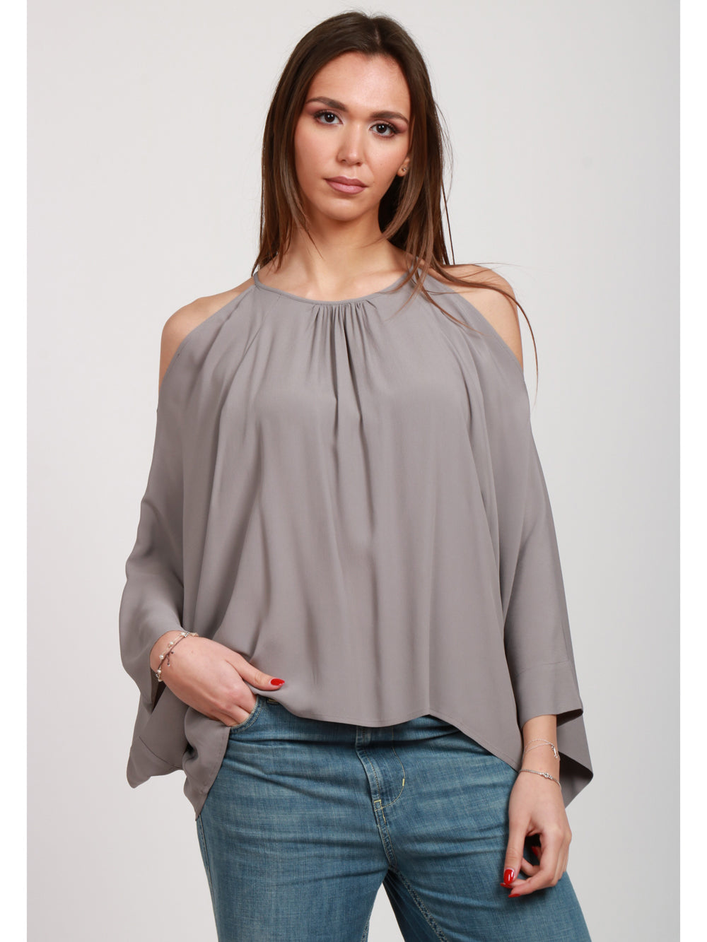 SEMICOUTURE BLUSA CAMILLA IN CREPE GRIGIA CON APERTURA SU SPALLE Grigio