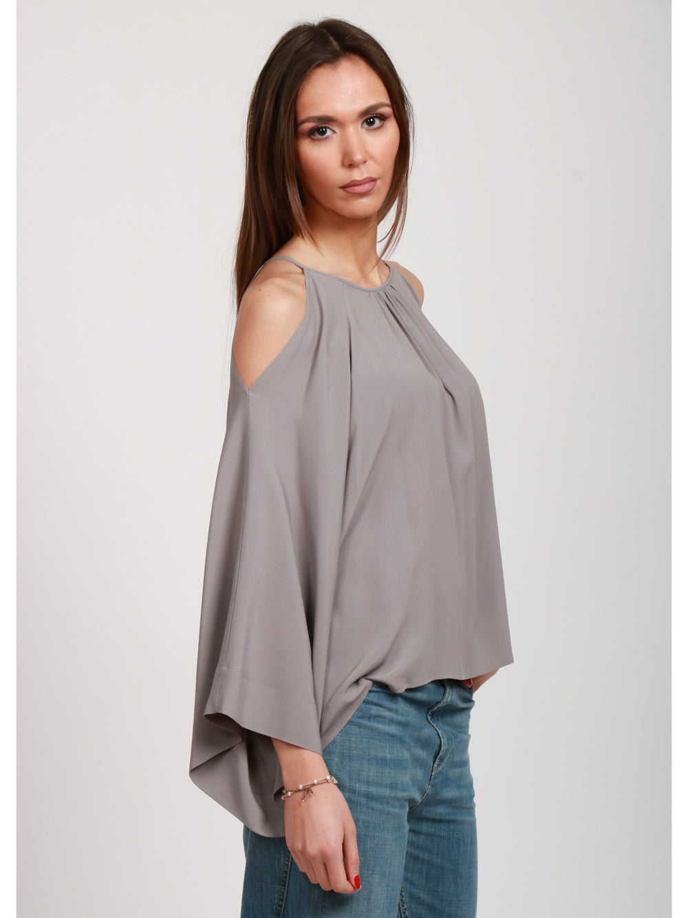 SEMICOUTURE BLUSA CAMILLA IN CREPE GRIGIA CON APERTURA SU SPALLE Grigio