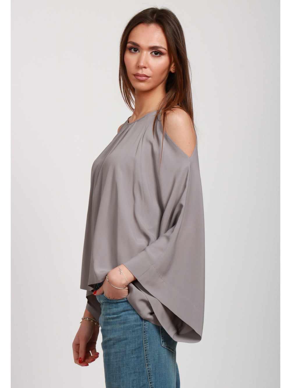 SEMICOUTURE BLUSA CAMILLA IN CREPE GRIGIA CON APERTURA SU SPALLE Grigio