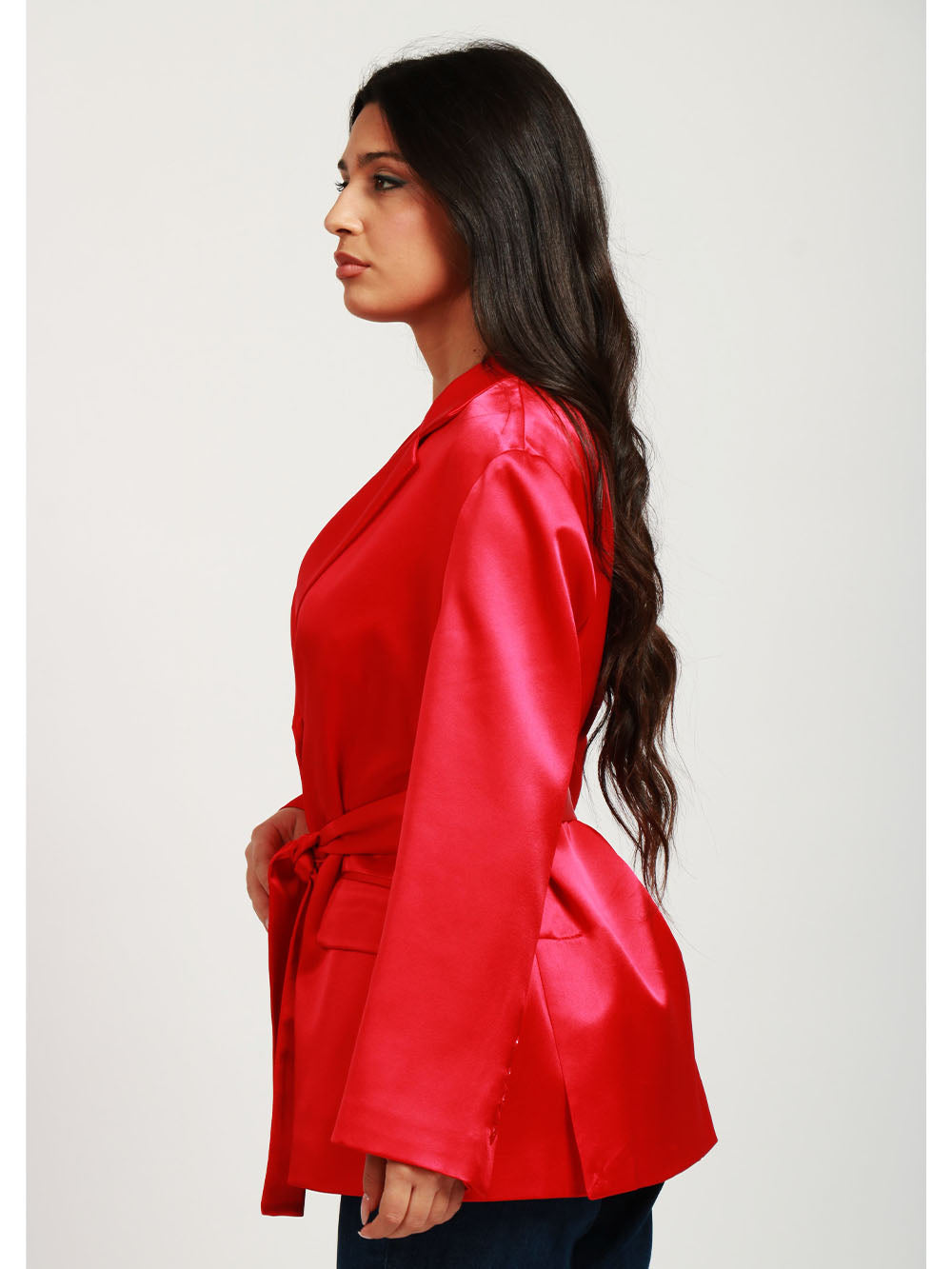 SEMICOUTURE Giacca Christiana in Satin Misto Seta Rossa con Fusciacca Rosso
