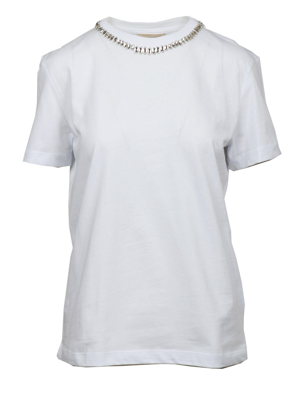 SEMICOUTURE T-Shirt Elodie Girocollo in Cotone Bianca con Cristalli Bianco