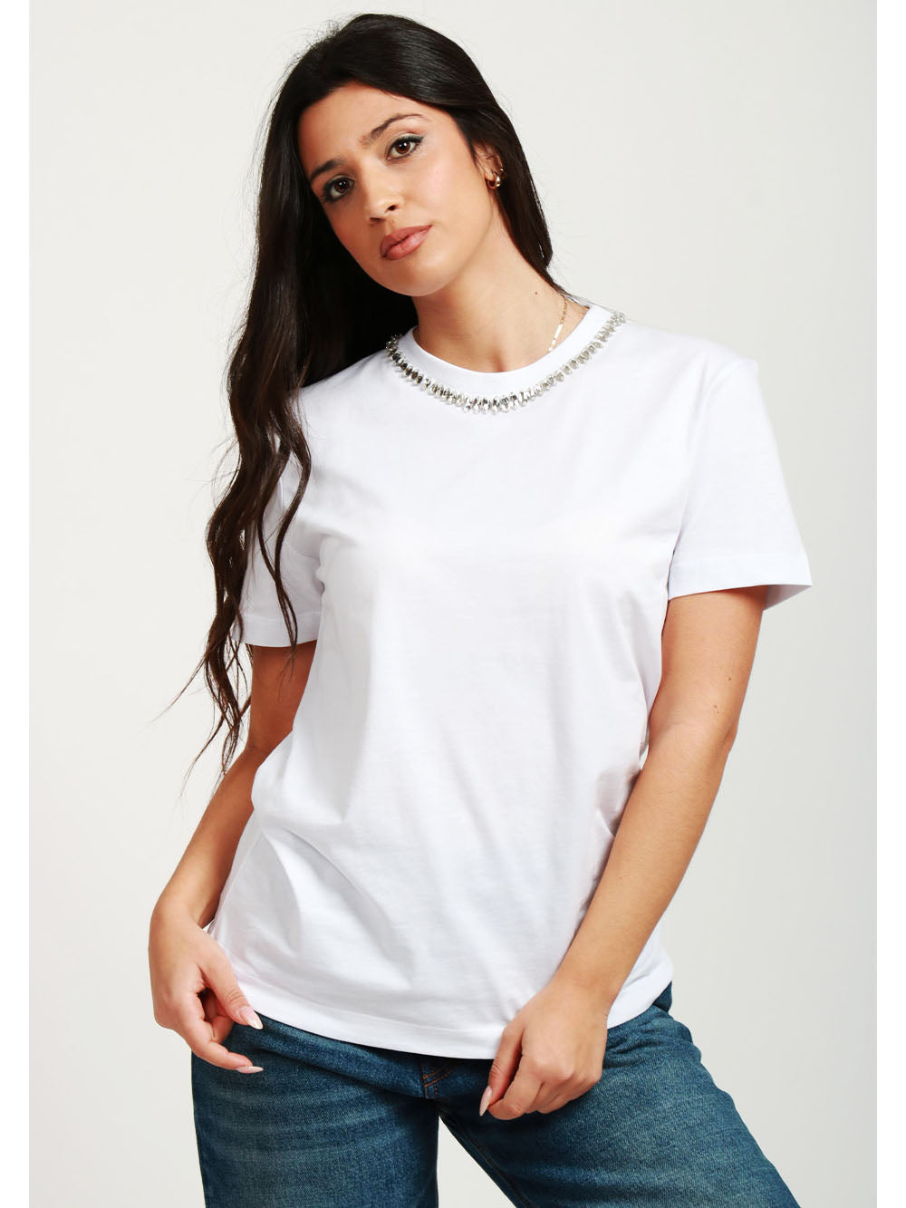 SEMICOUTURE T-Shirt Elodie Girocollo in Cotone Bianca con Cristalli Bianco