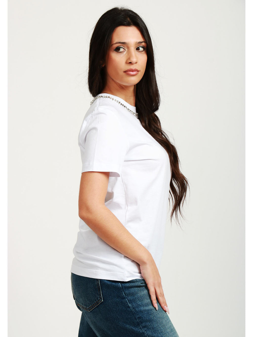 SEMICOUTURE T-Shirt Elodie Girocollo in Cotone Bianca con Cristalli Bianco