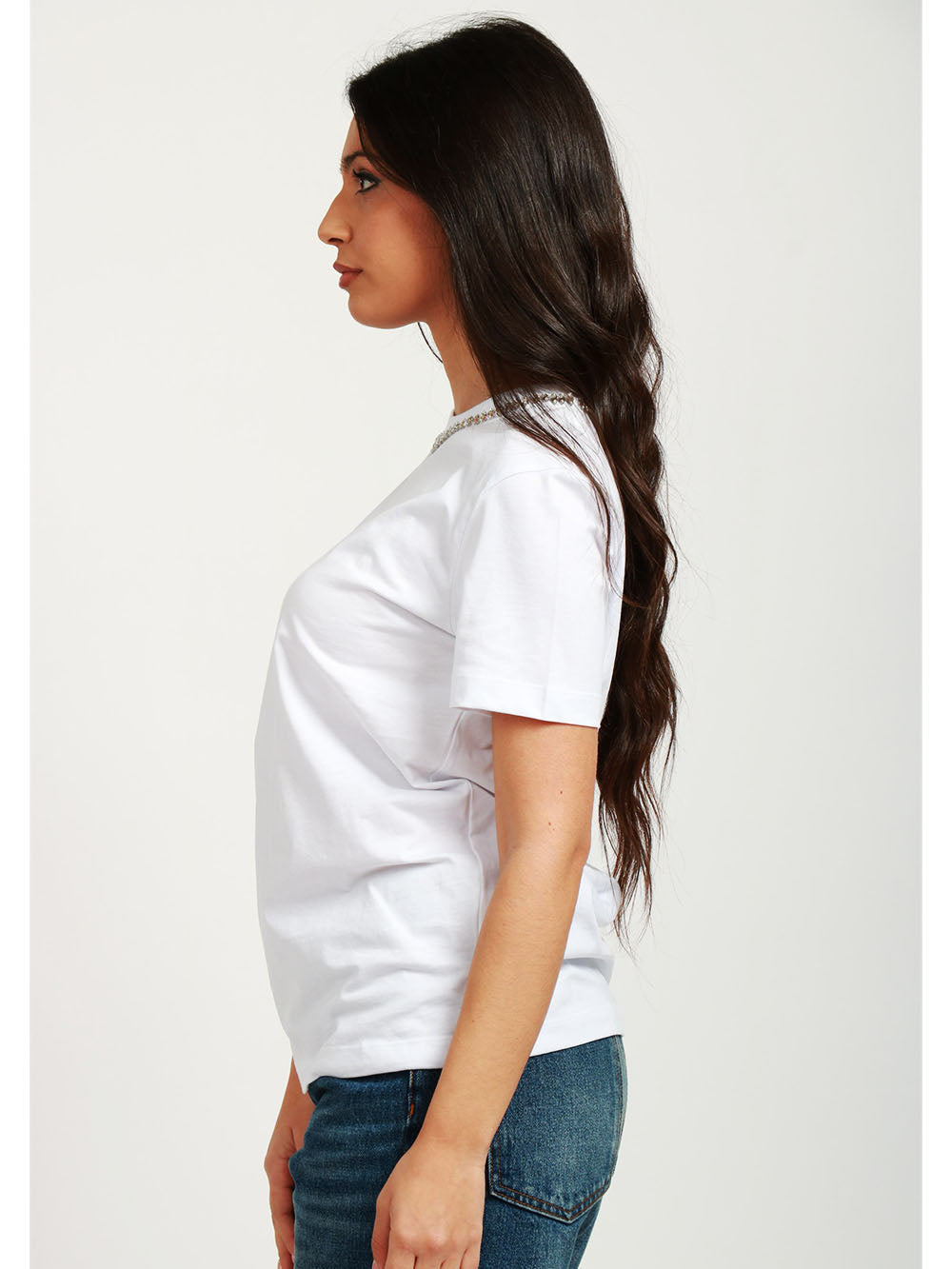 SEMICOUTURE T-Shirt Elodie Girocollo in Cotone Bianca con Cristalli Bianco