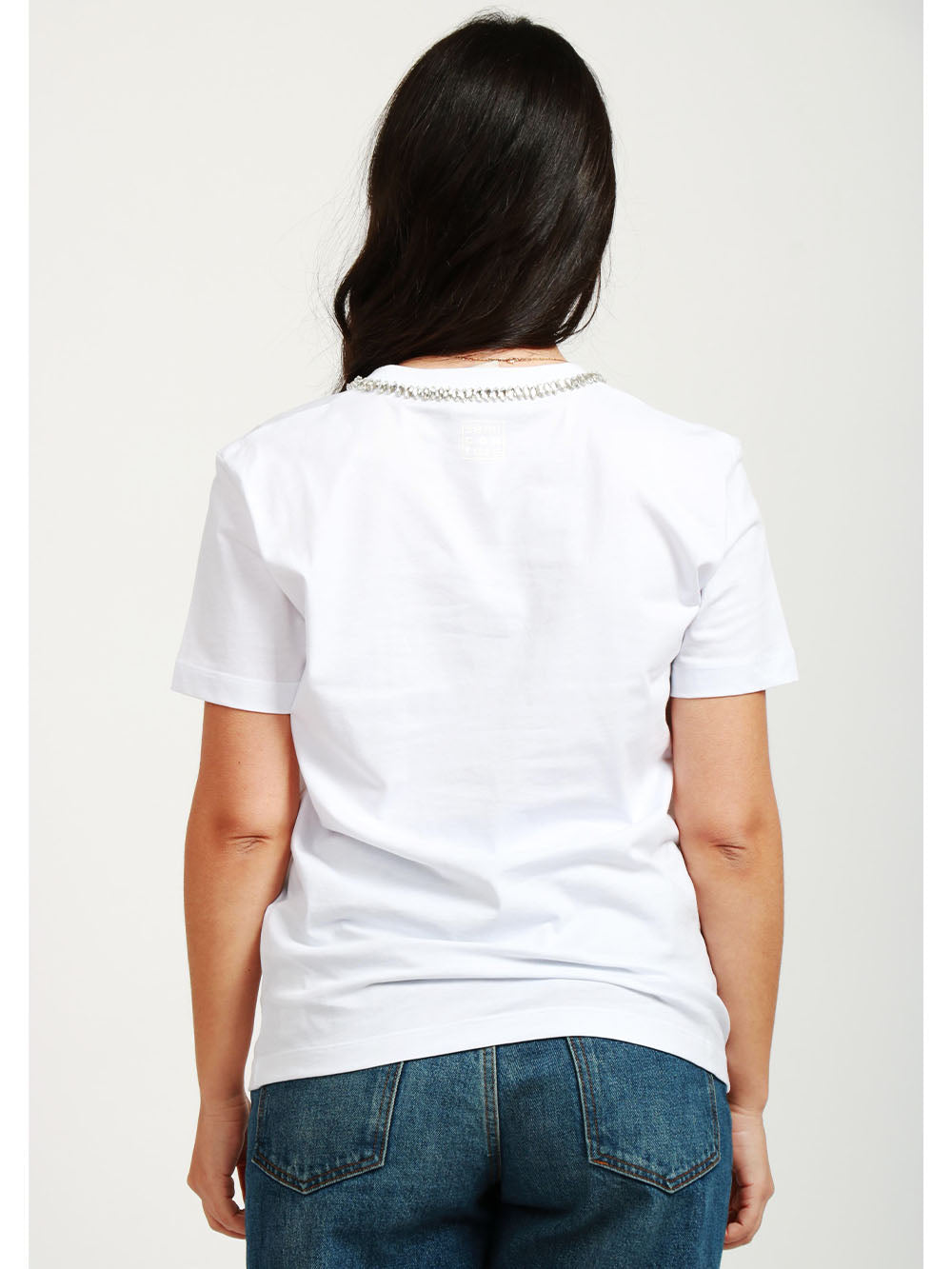 SEMICOUTURE T-Shirt Elodie Girocollo in Cotone Bianca con Cristalli Bianco