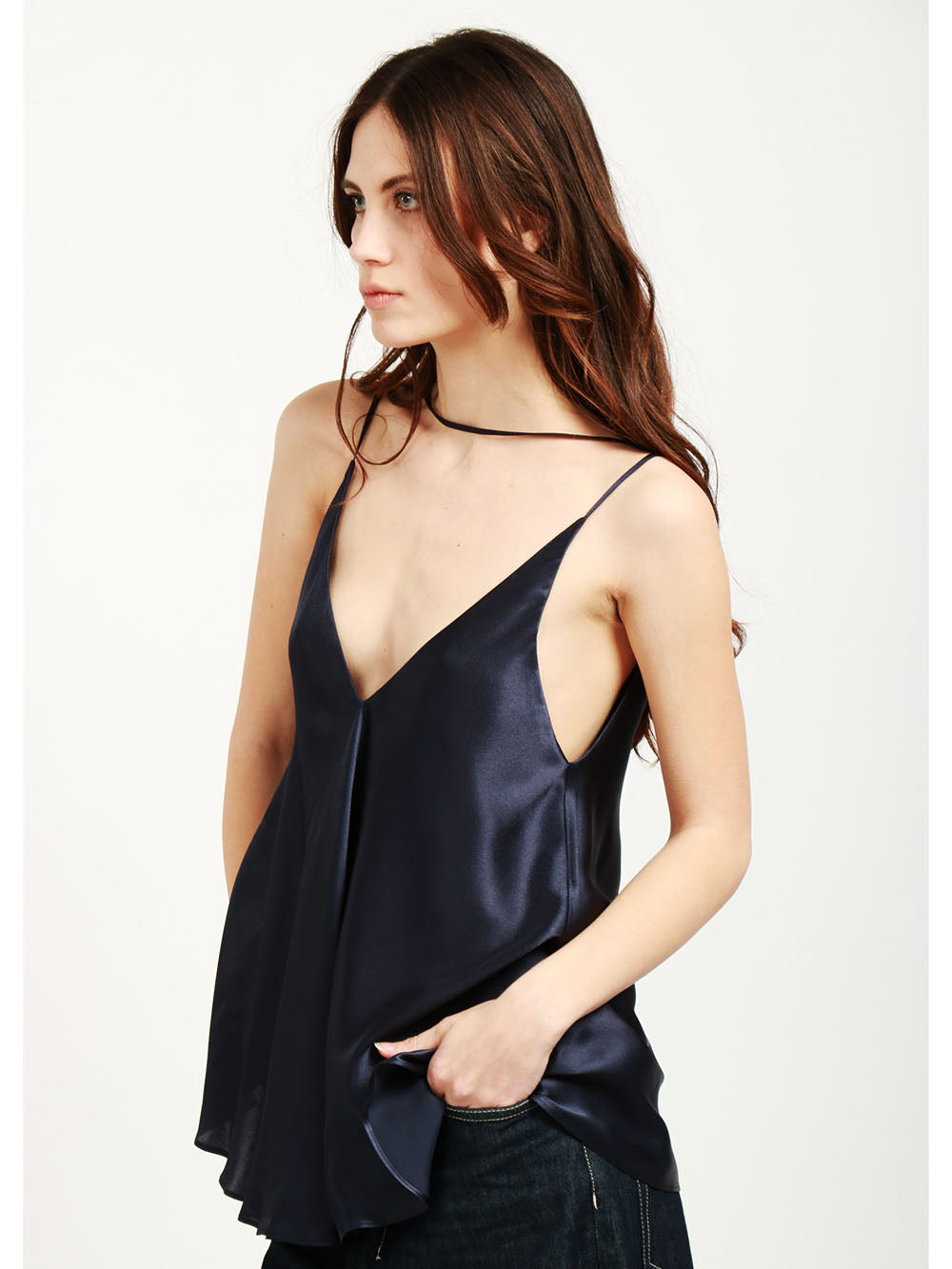 SEMICOUTURE Top Etienne in Satin Misto Seta Blu Notte Blu notte
