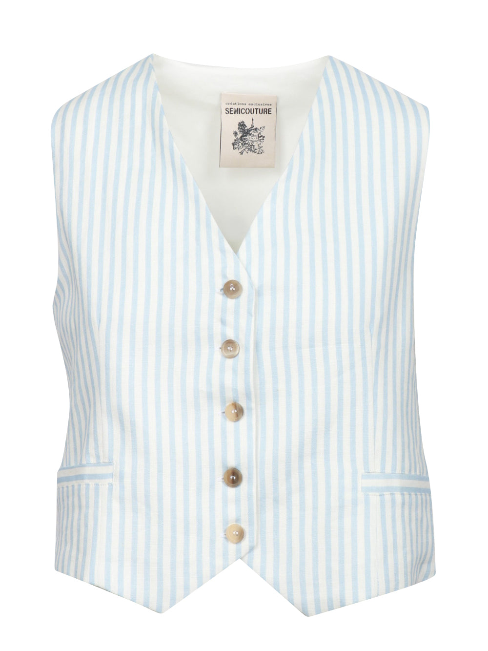 SEMICOUTURE GILET GEORGIA IN LINO A RIGHE Celeste/bianco